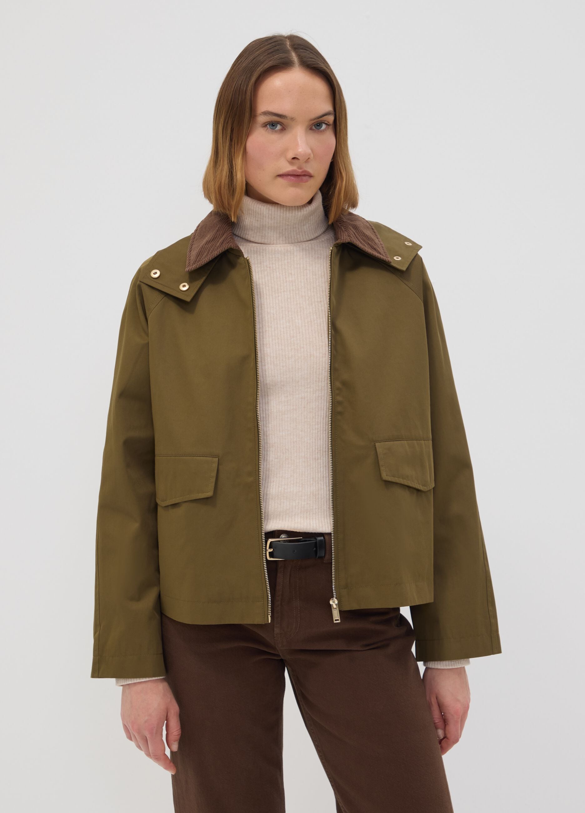 Green cotton-blend parka jacket with hood and ribbed collar