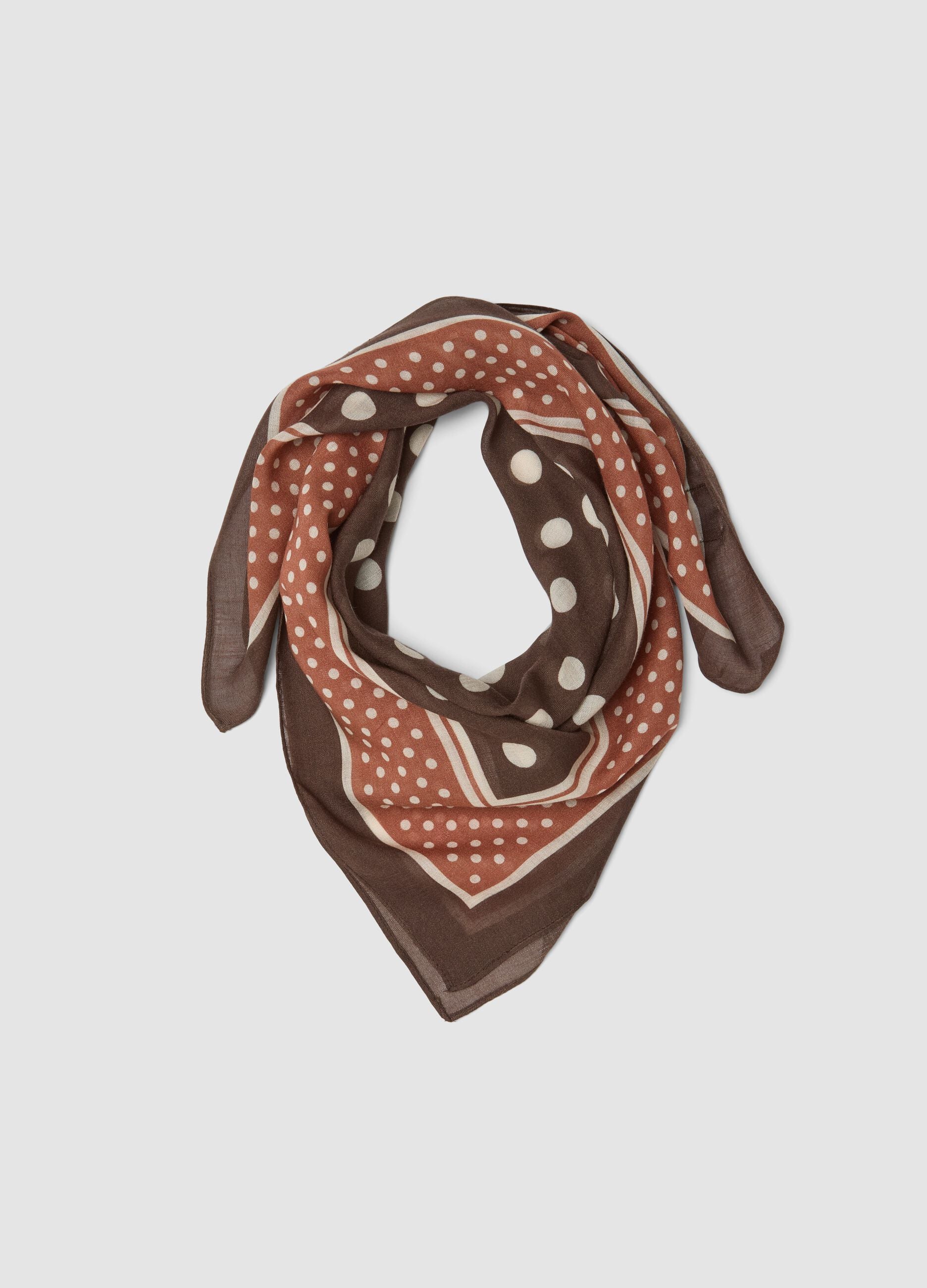 Brown polka-dot viscose and wool blend scarf
