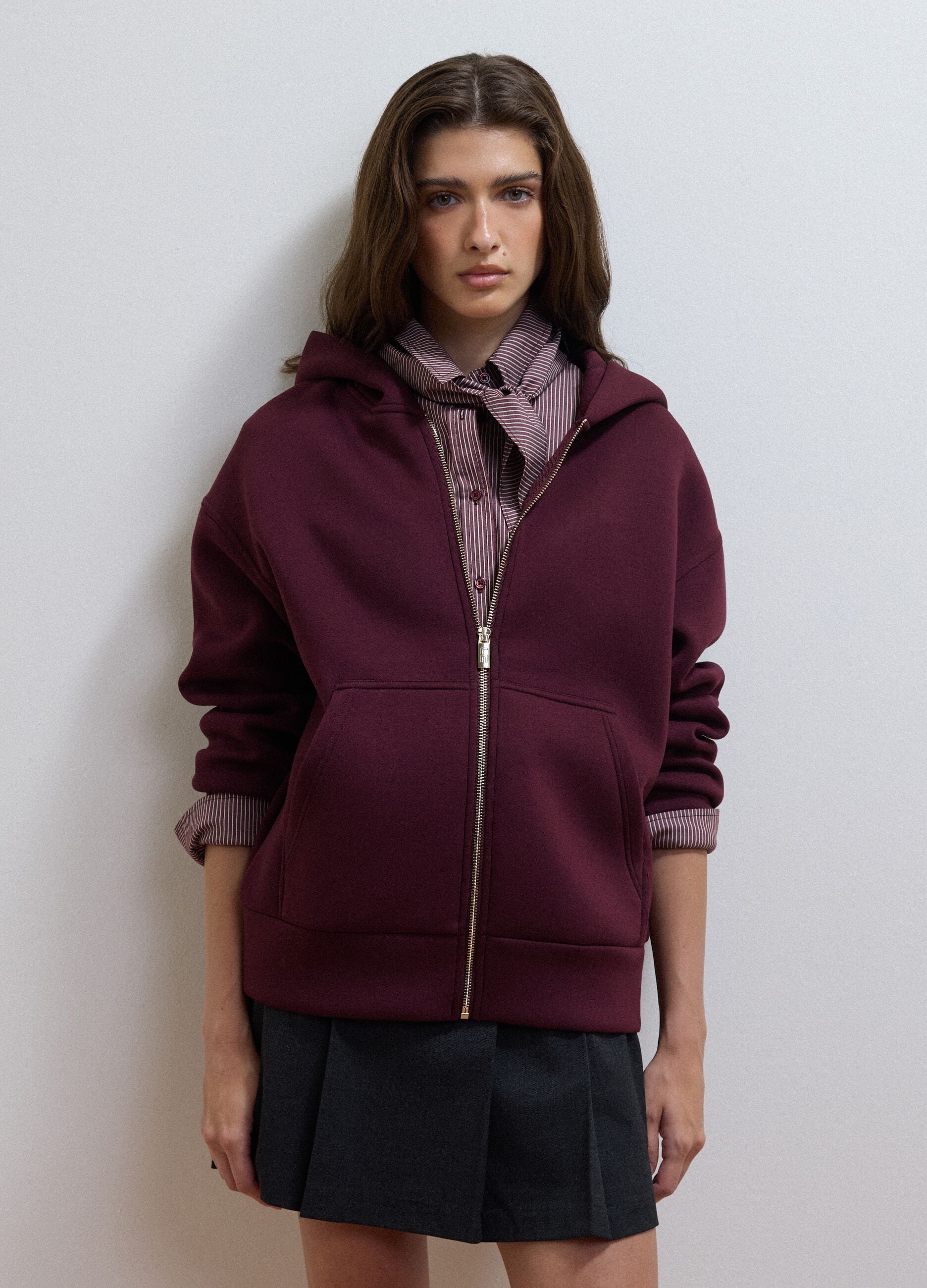 Burgundy stretch viscose full-zip sweatshirt, oversized fit