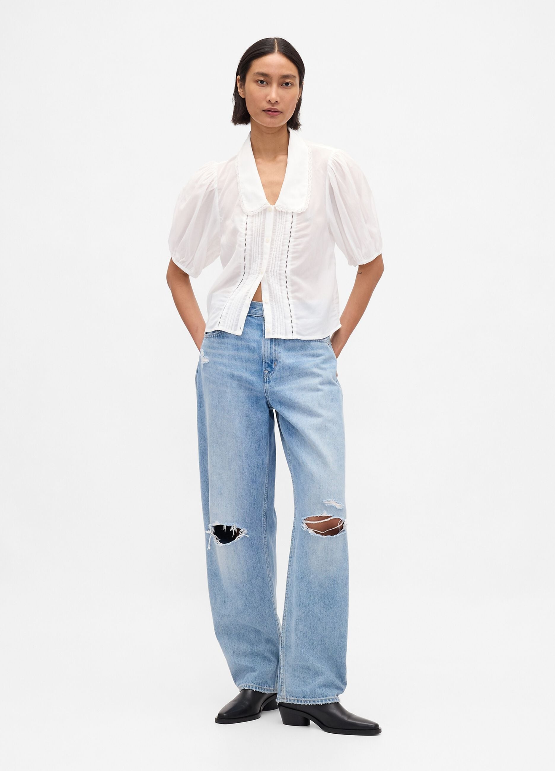 White blouse with short puff sleeves