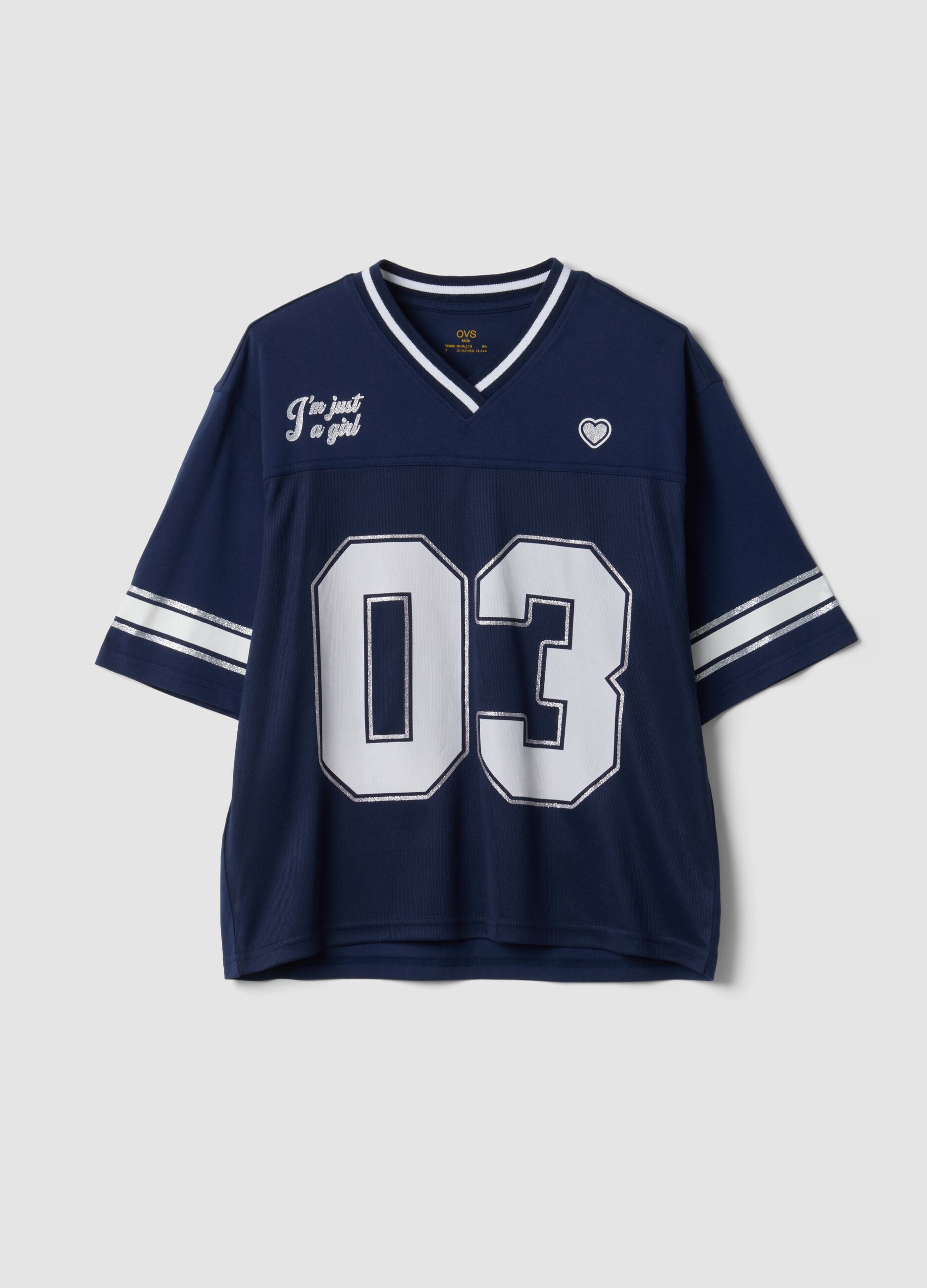 Blue pure cotton T-shirt with deep V-neck