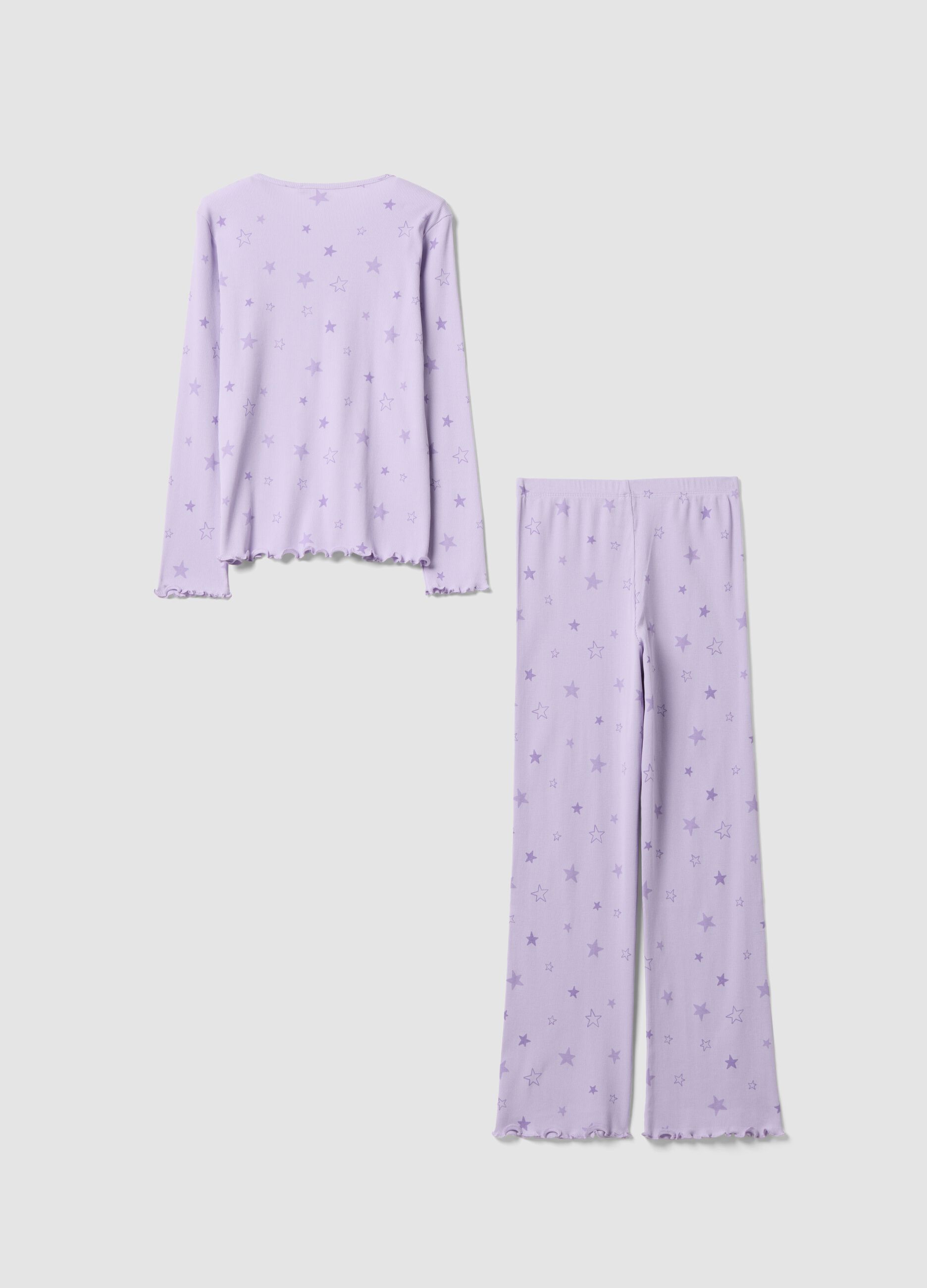 Purple girls&rsquo; pyjamas in pure organic ribbed cotton with star print