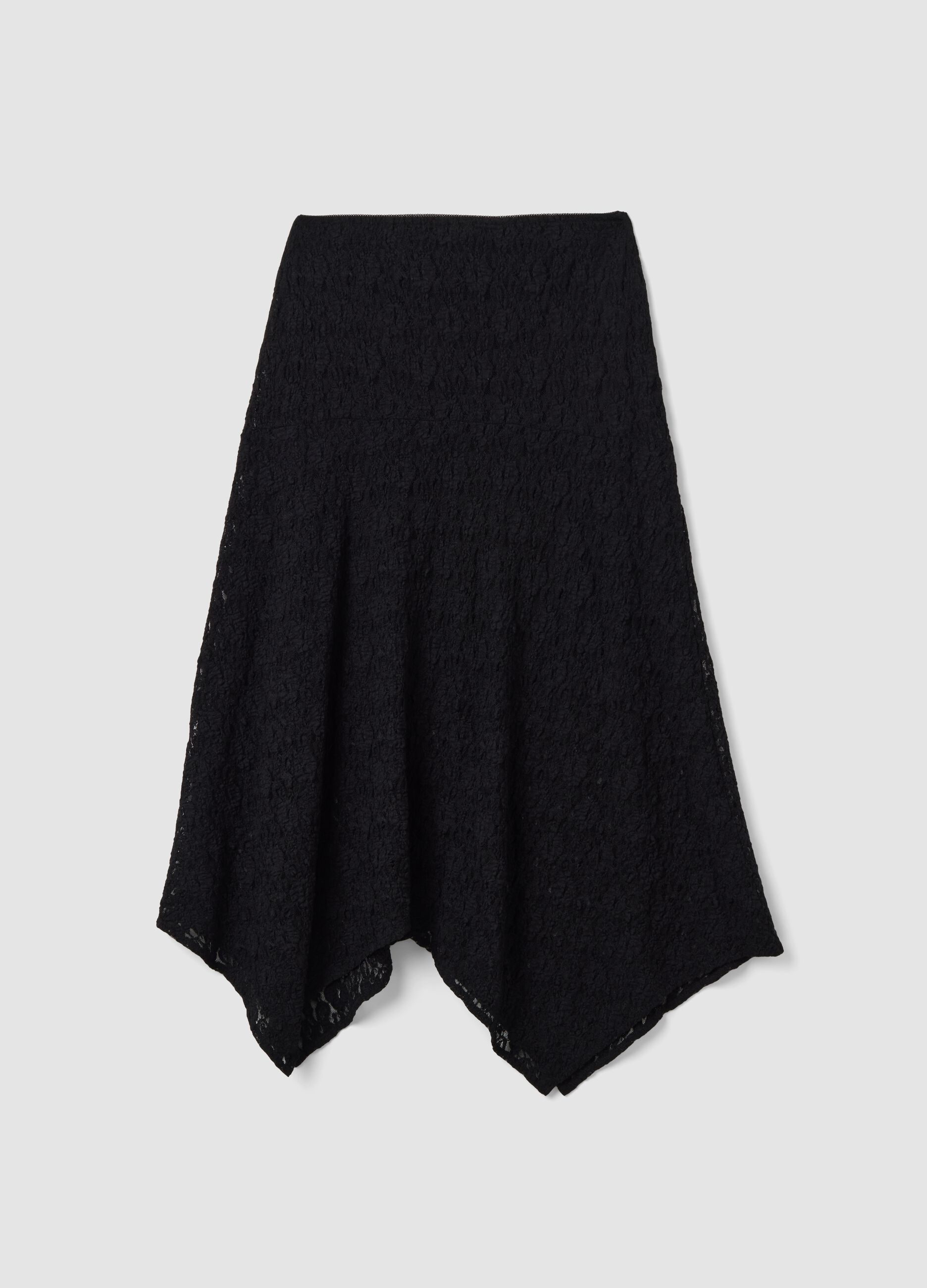 Black stretch-fabric skirt with asymmetric lace hem