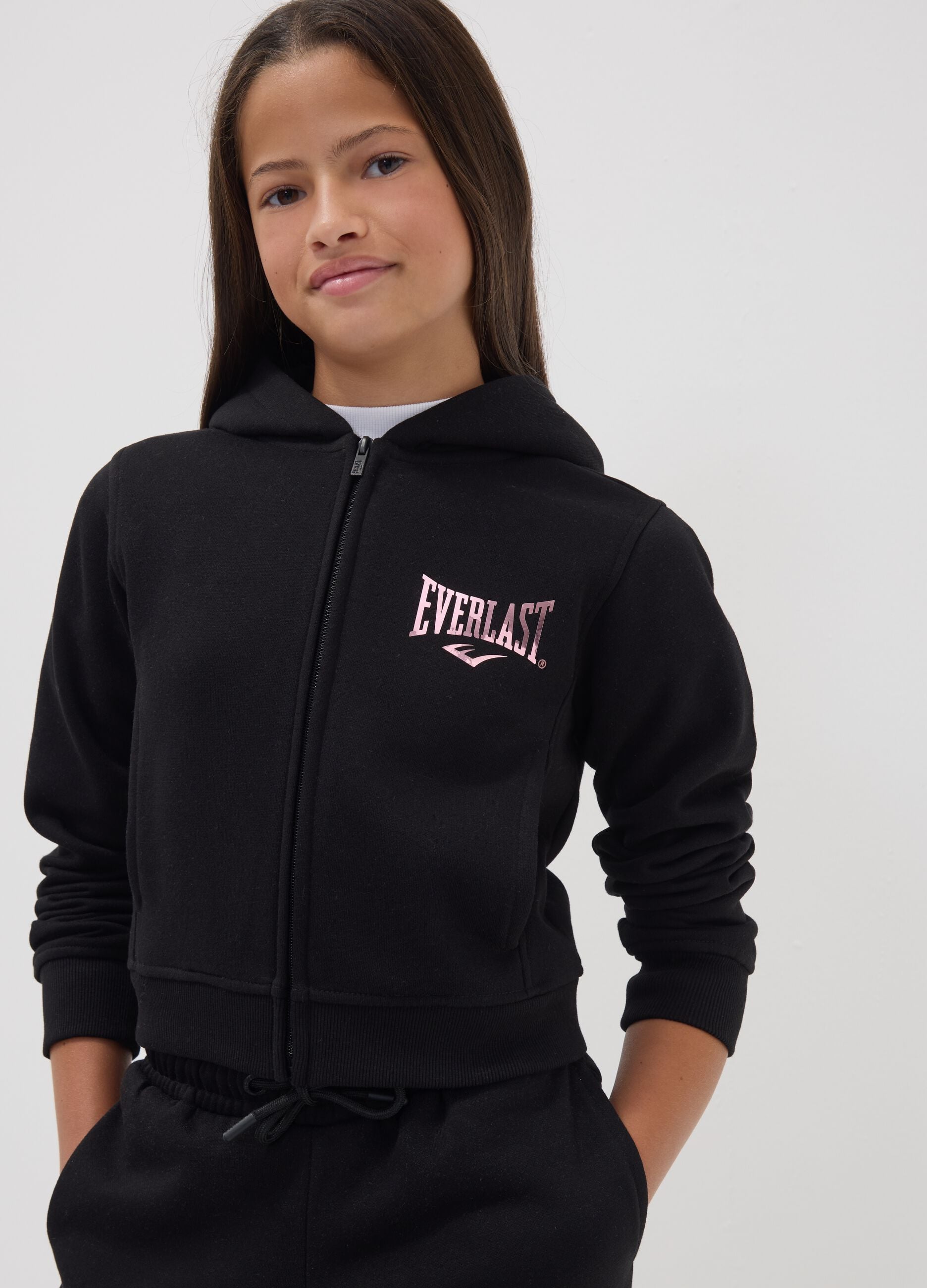 Black cotton-blend hooded zip hoodie for girls, regular fit
