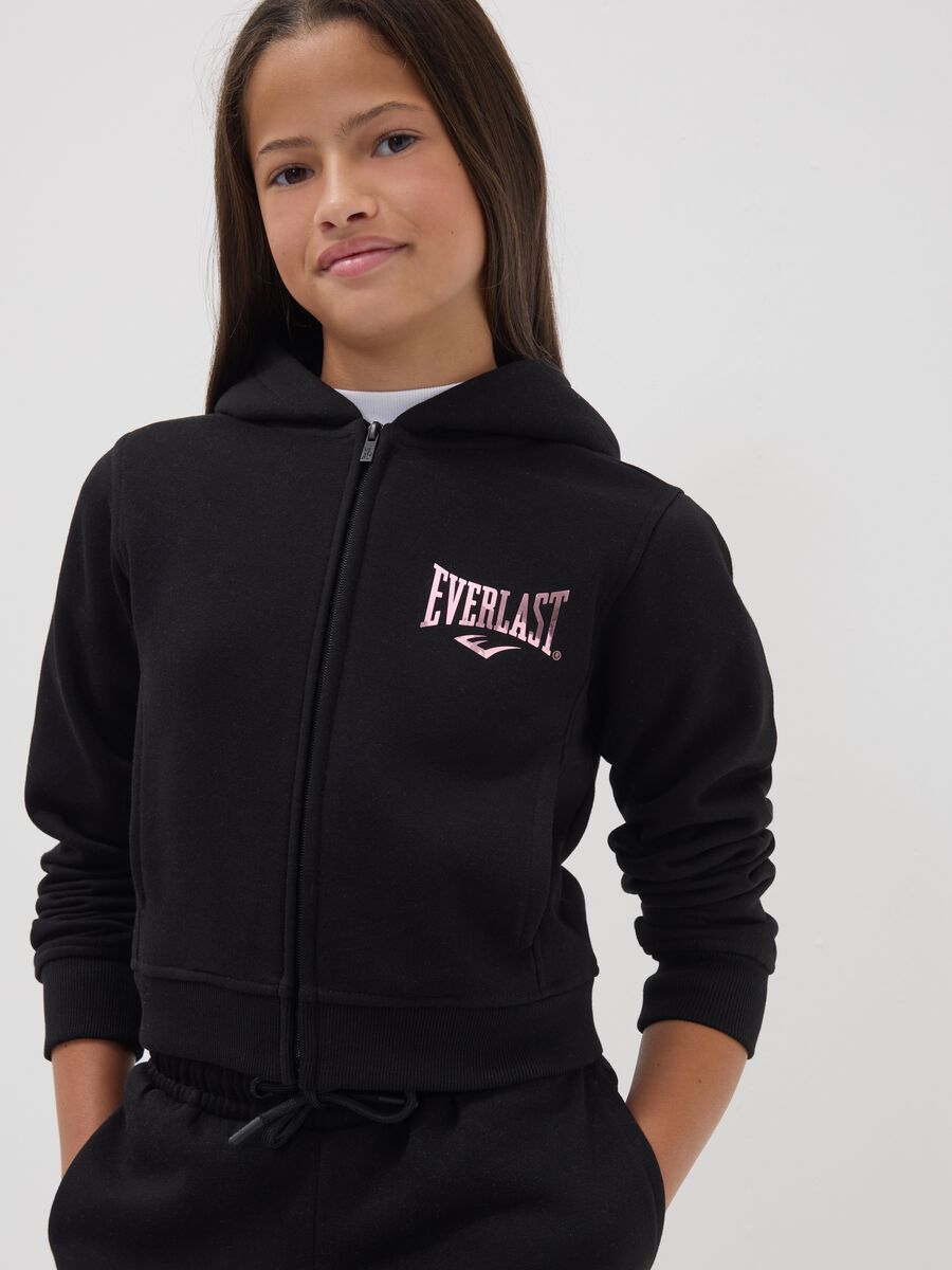 Black cotton-blend hooded zip hoodie for girls, regular fit_1