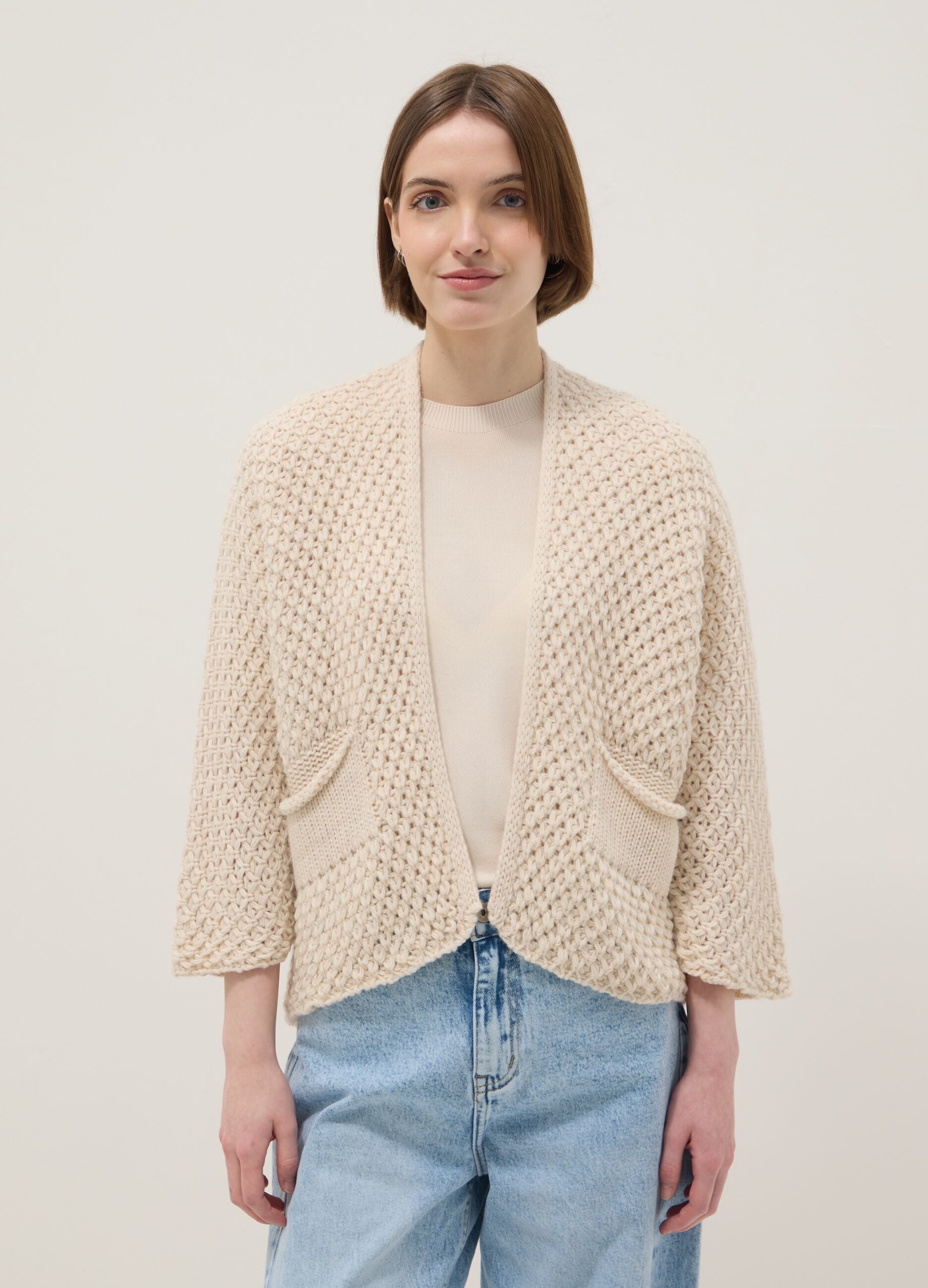 Beige Regular Fit Cable Knit Cardigan