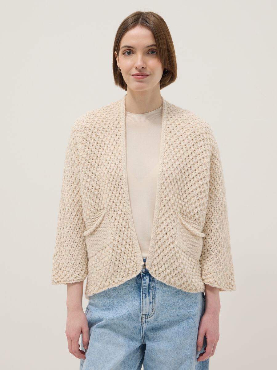 Beige Regular Fit Cable Knit Cardigan_0