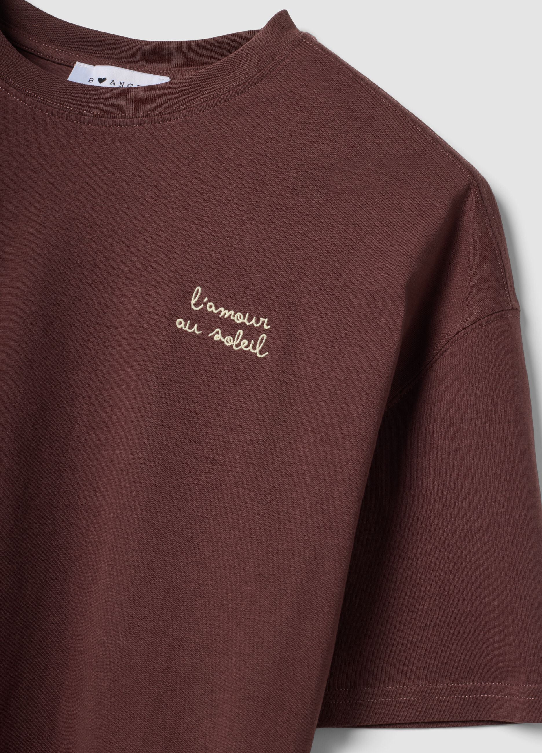 Brown pure cotton T-shirt with embroidered detail, boxy fit