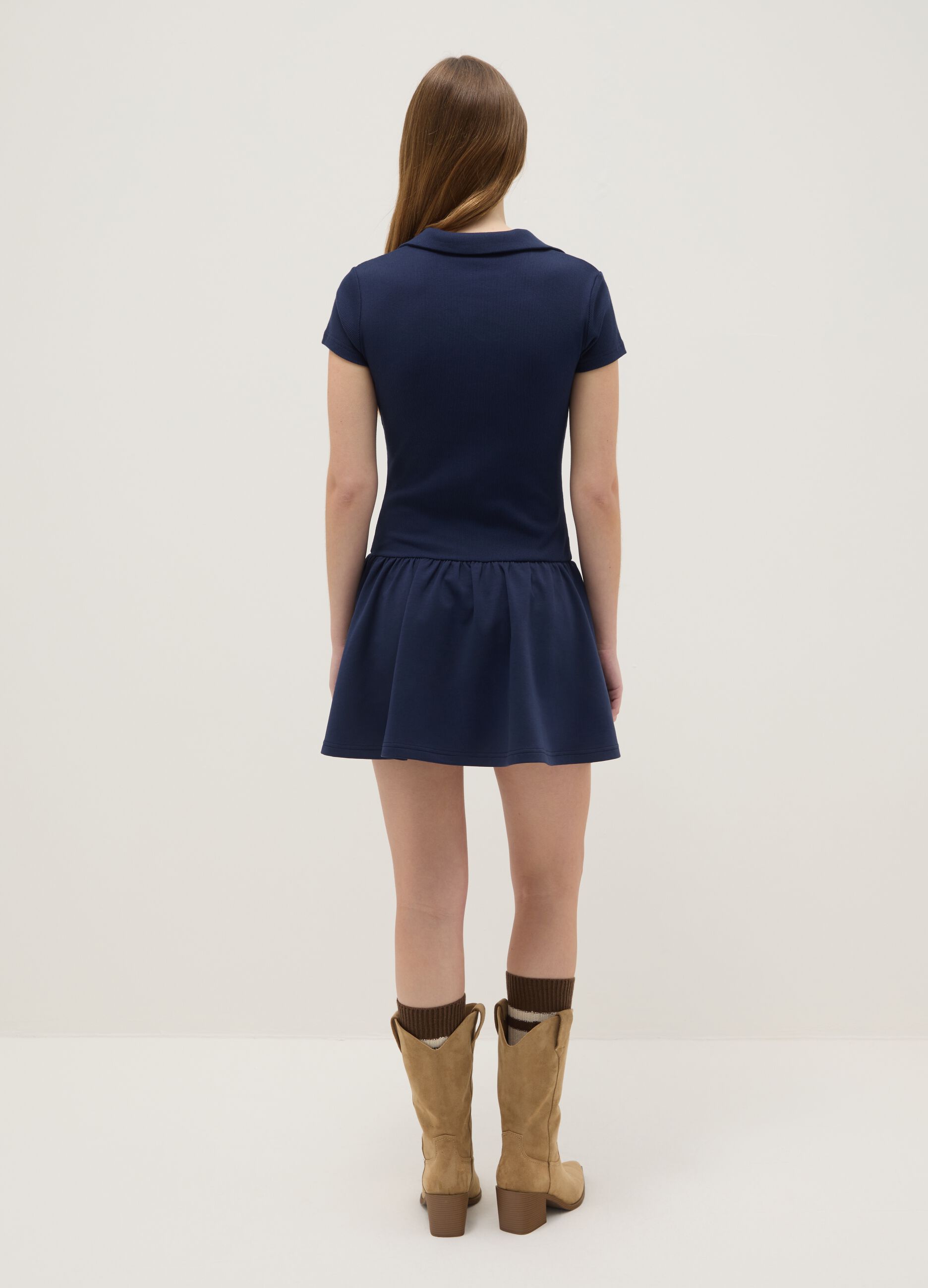 Blue regular fit stretch cotton dress with V-neck