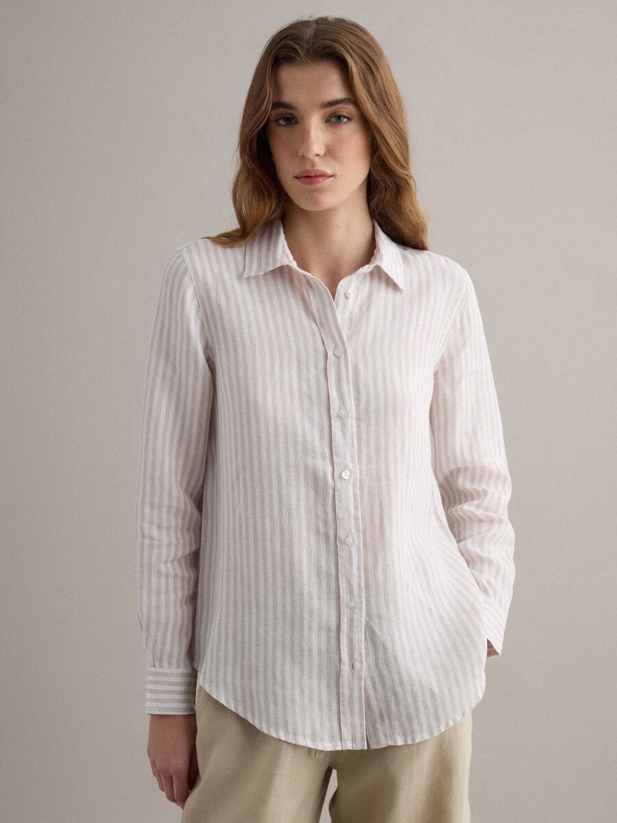 Pure linen striped shirt in white and beige regular fit_3