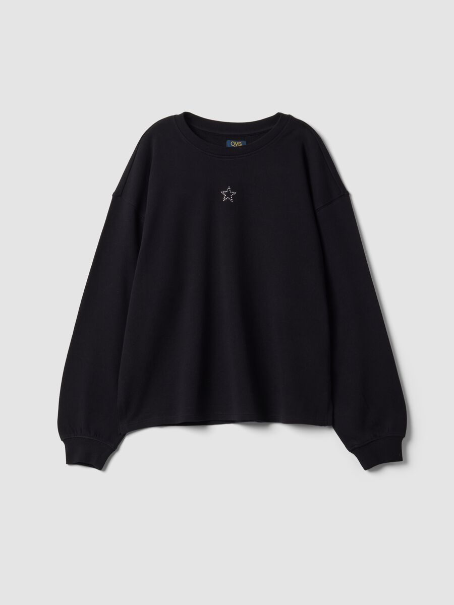 Black 100% cotton sweatshirt with star detail for girls, relaxed fit_3