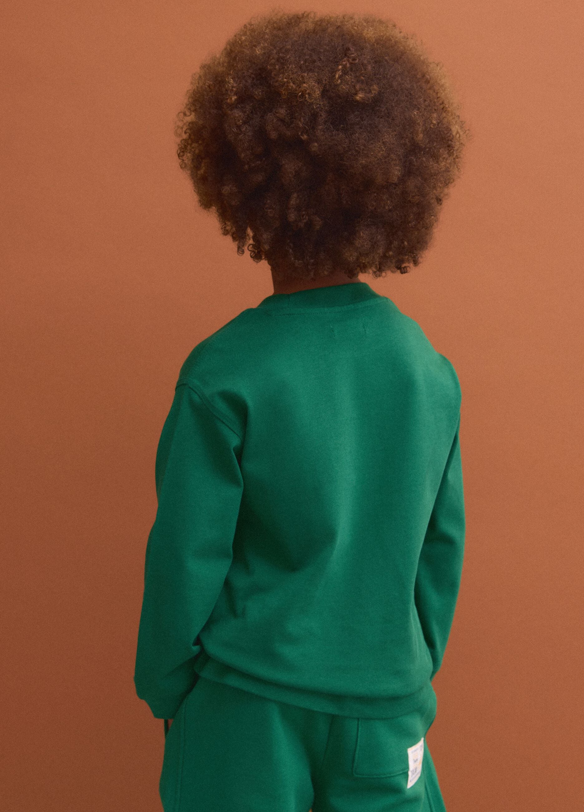 Green long-sleeve crew-neck pure cotton T-shirt for boys