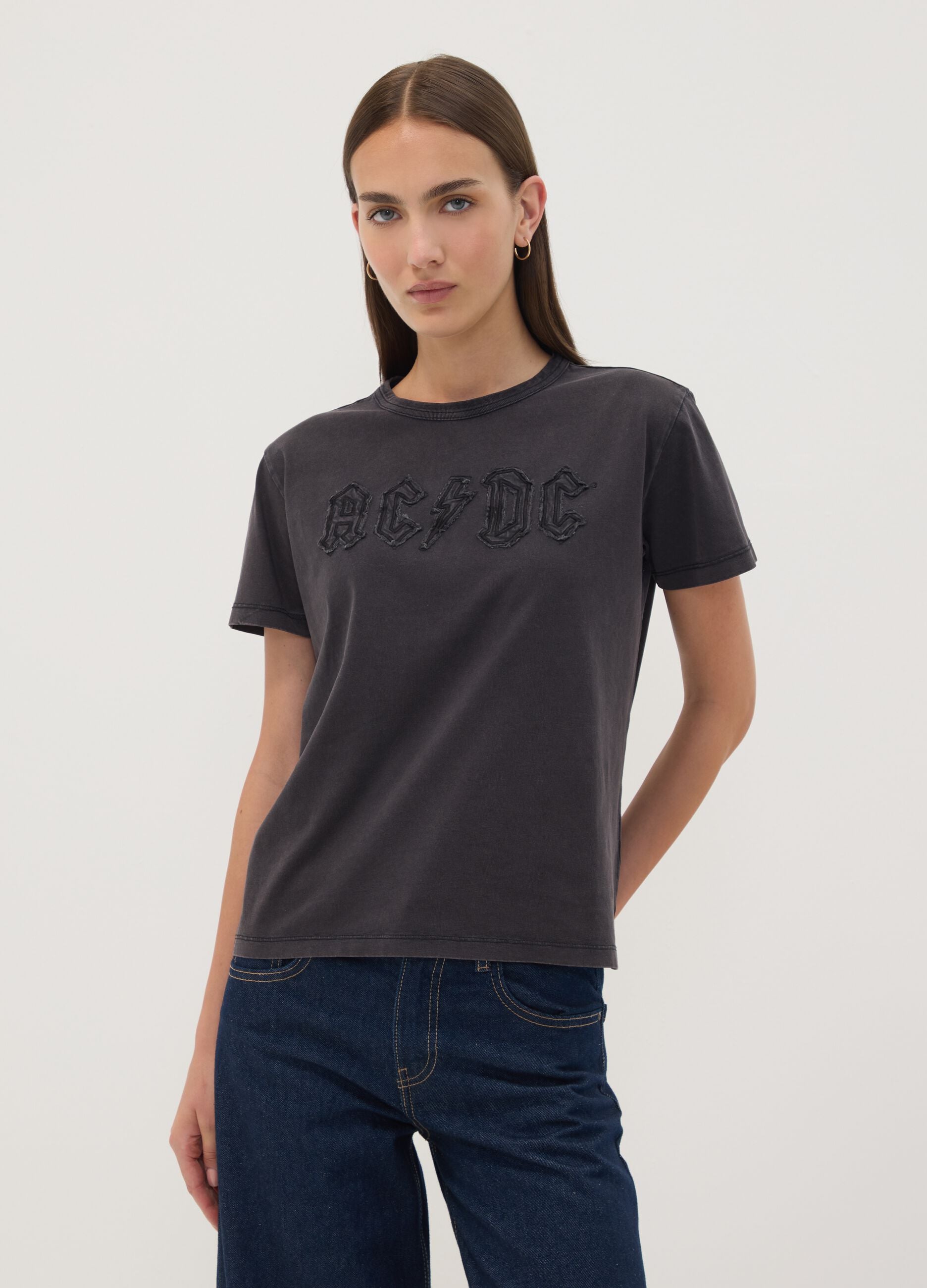 Grey pure cotton regular-fit T-shirt with AC/DC print