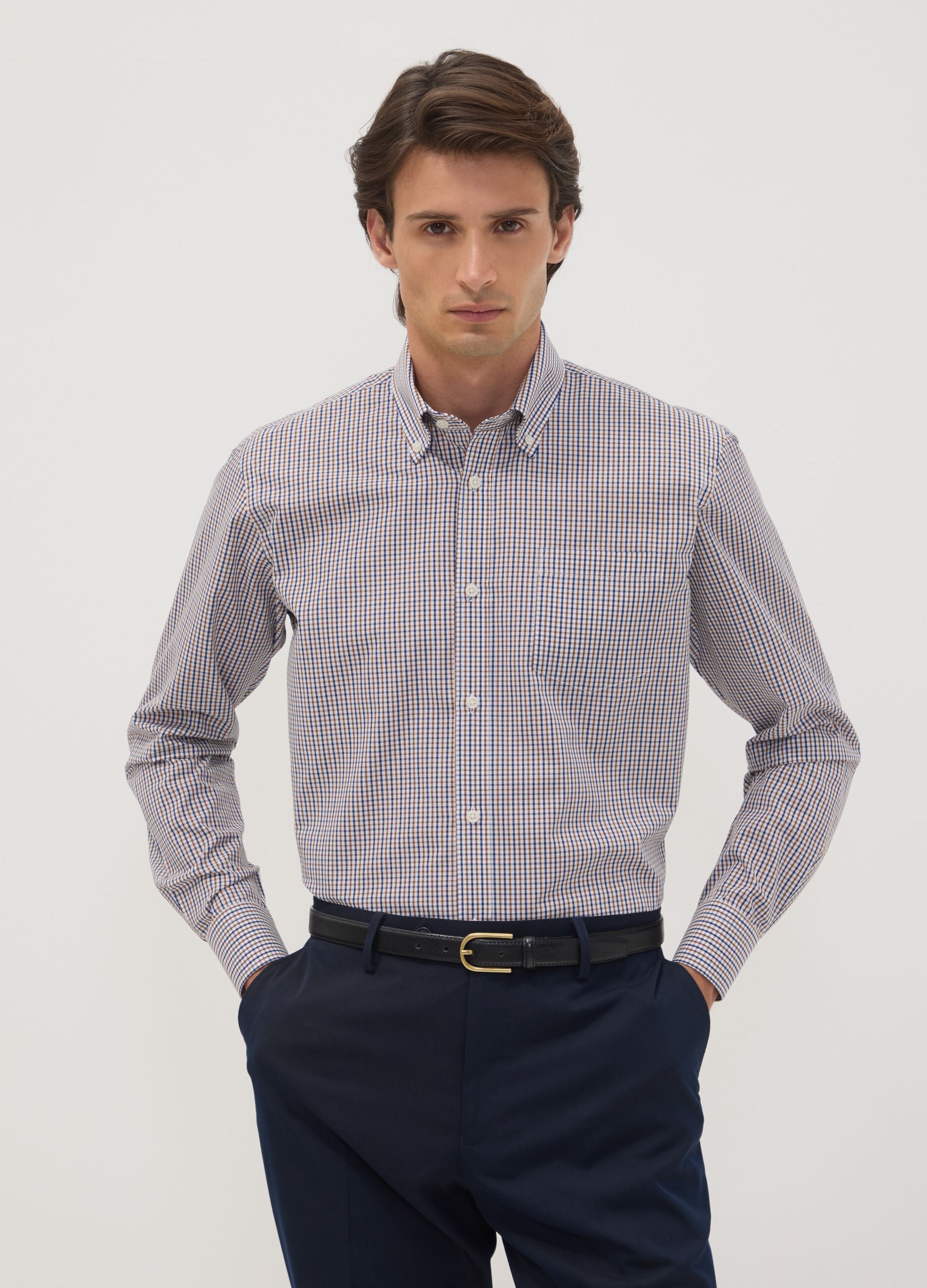 Easy-iron multicolour cotton-blend checked button-down shirt, regular fit