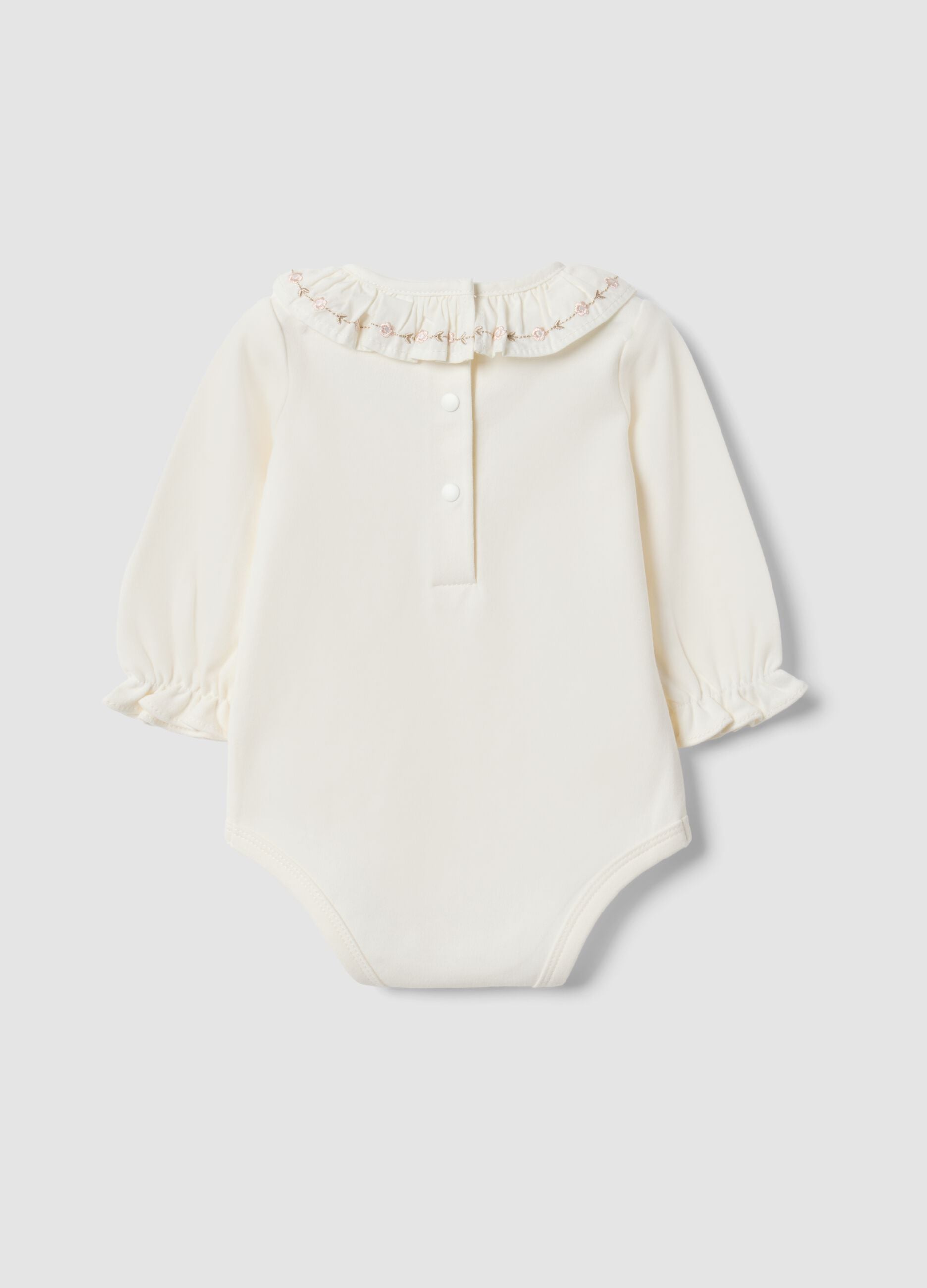 White organic cotton baby girl bodysuit with embroidered collar