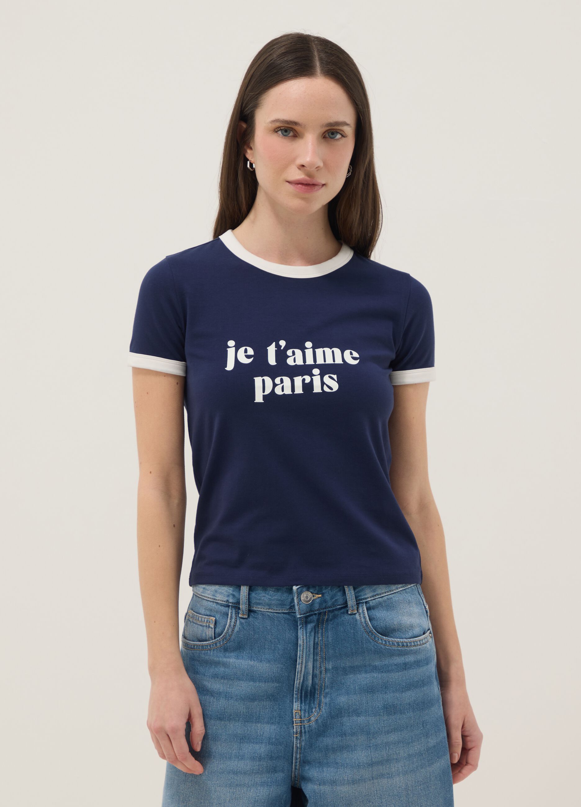 Regular fit blue stretch cotton T-shirt with print