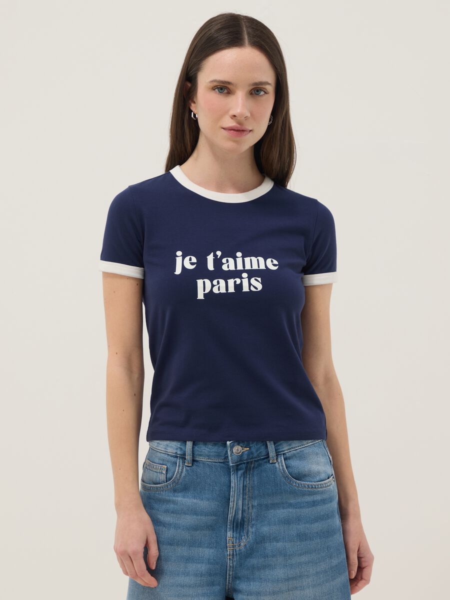 Regular fit blue stretch cotton T-shirt with print_1
