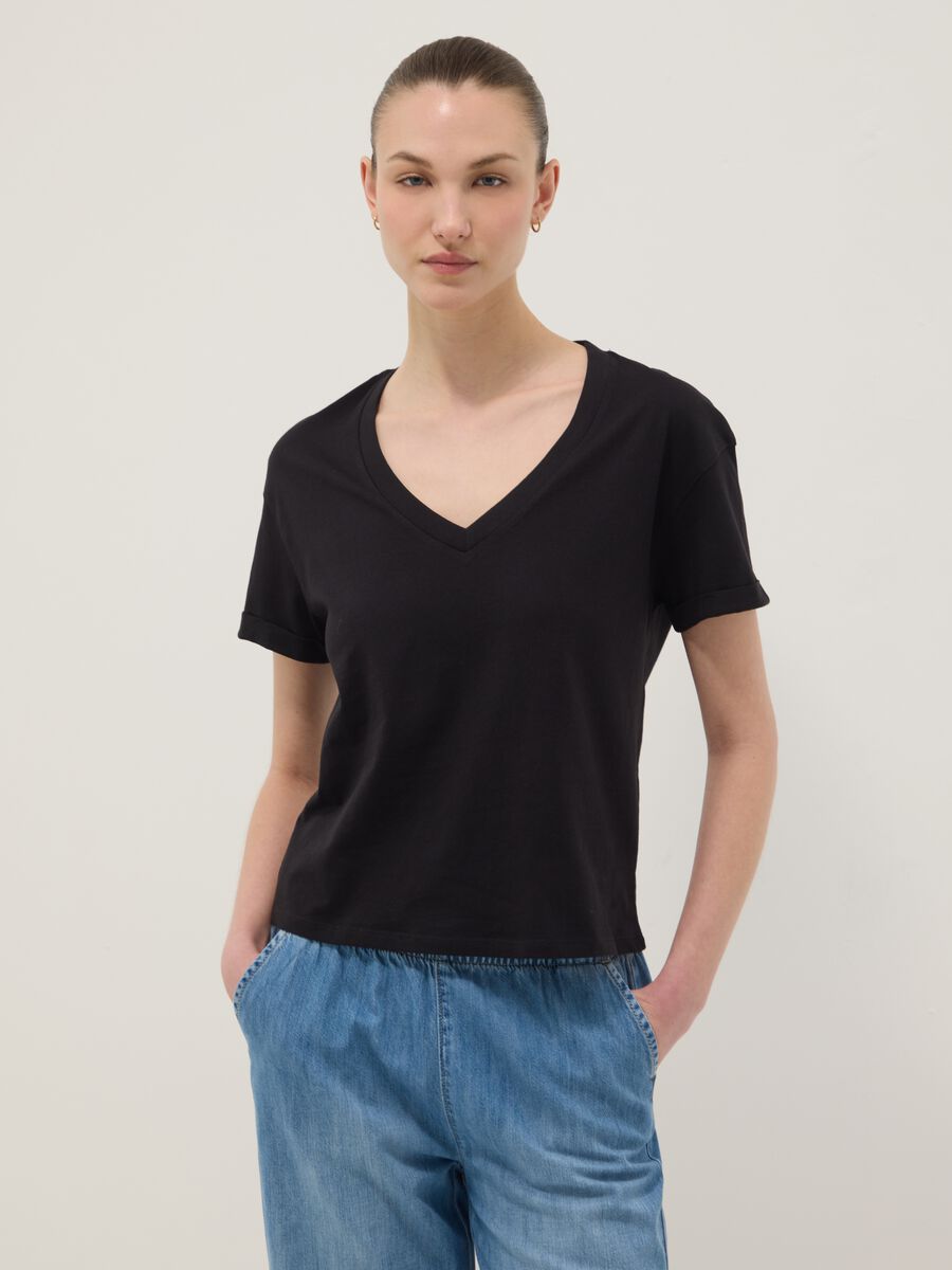 Black 100% cotton V-neck relaxed-fit T-shirt_0