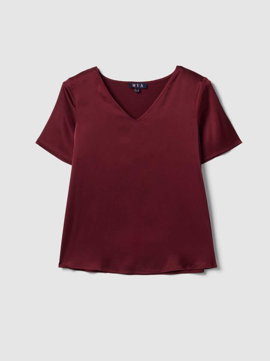 Red satin V-neck stretch blouse, regular fit_0