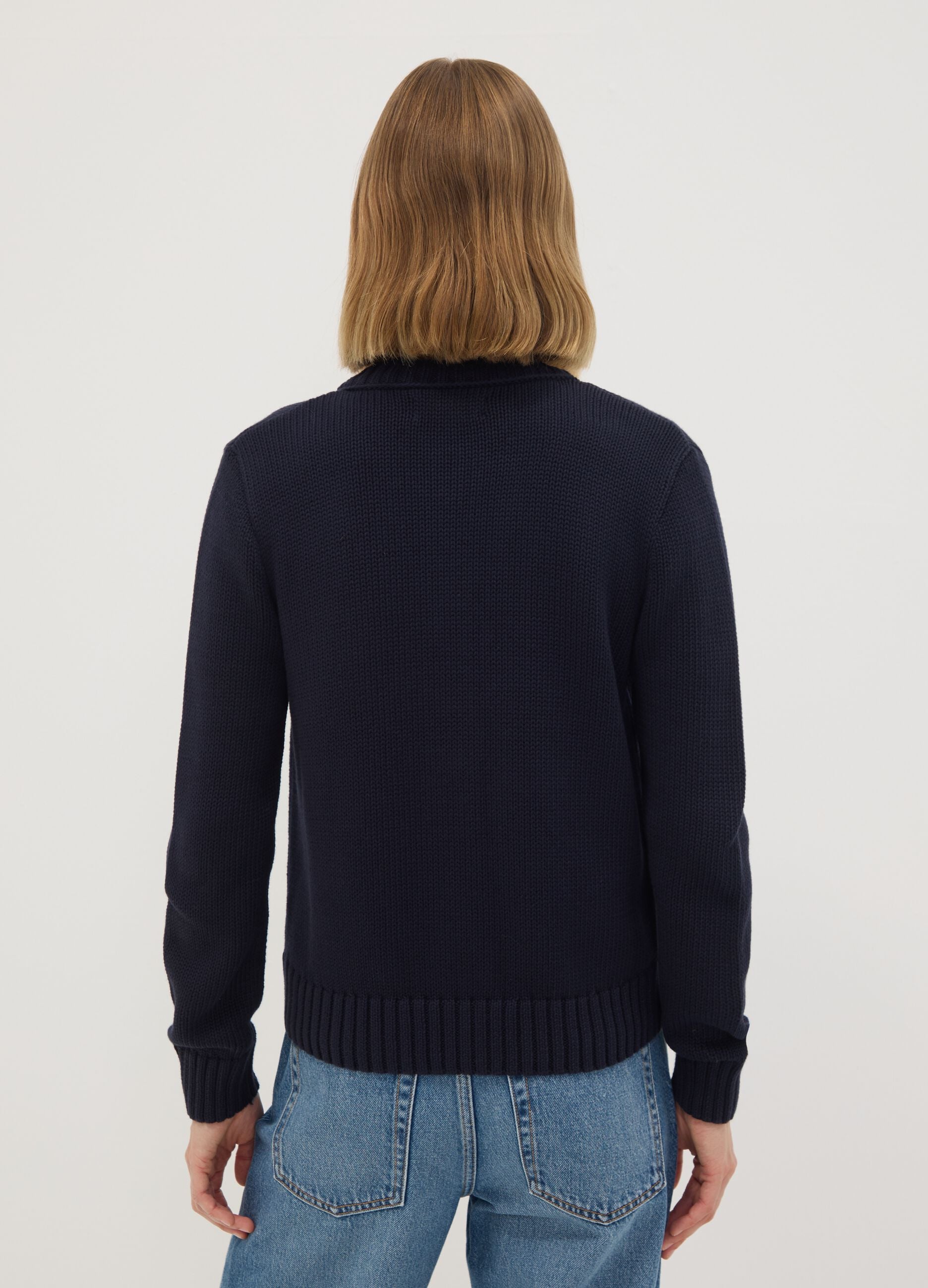 Navy pure cotton crew-neck cardigan with buttons, regular fit