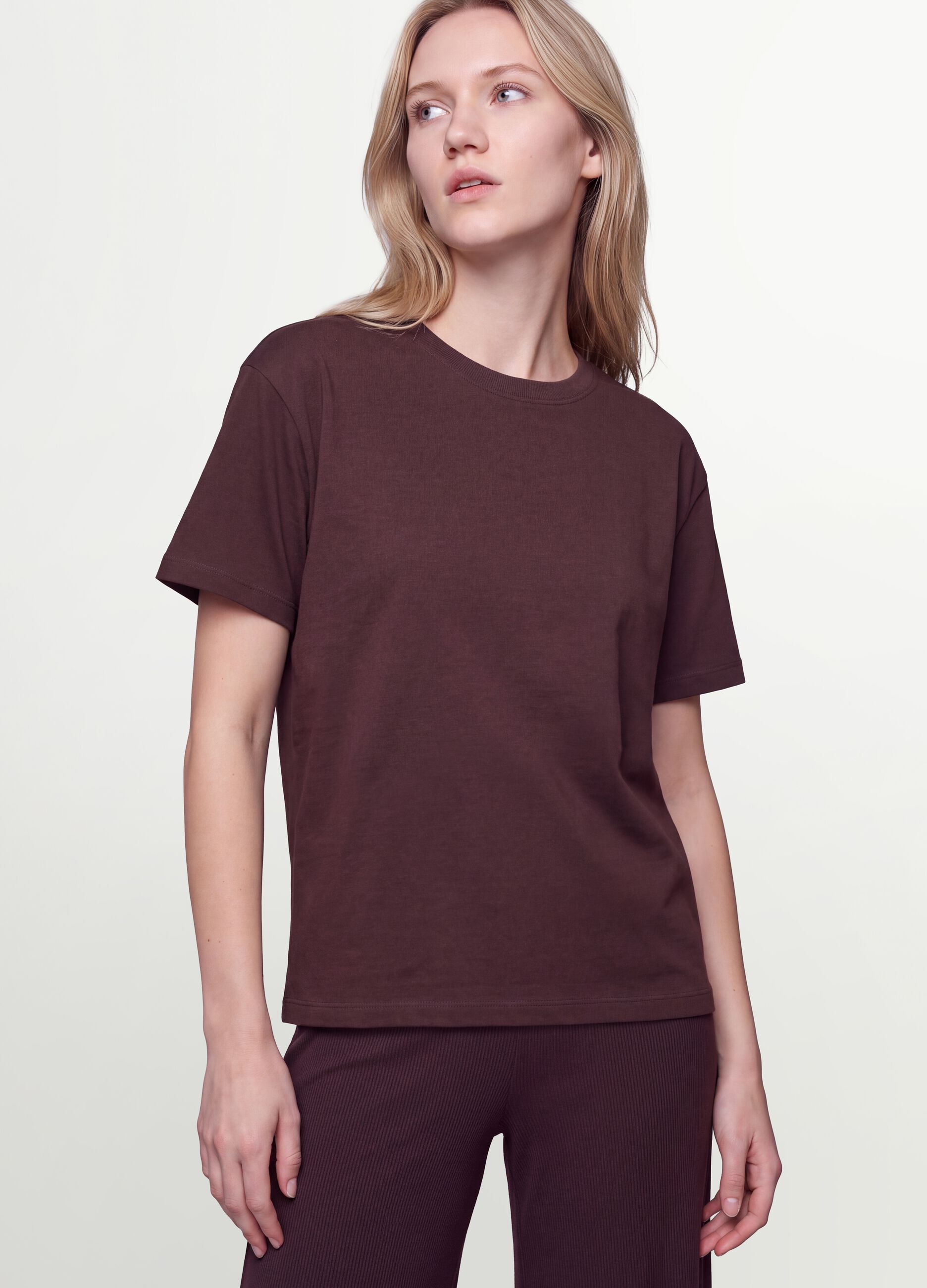 Brown crew-neck T-shirt in pure organic cotton, regular fit