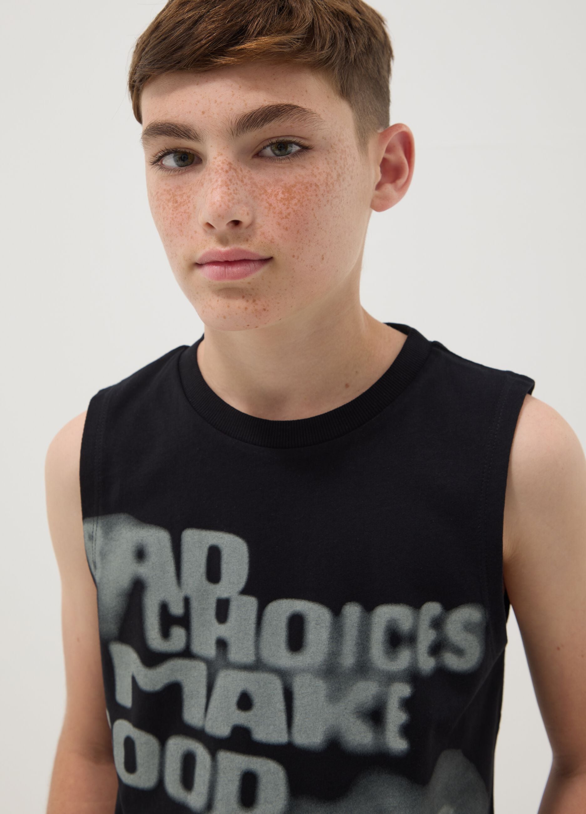 Black slogan vest top in pure cotton, oversized fit
