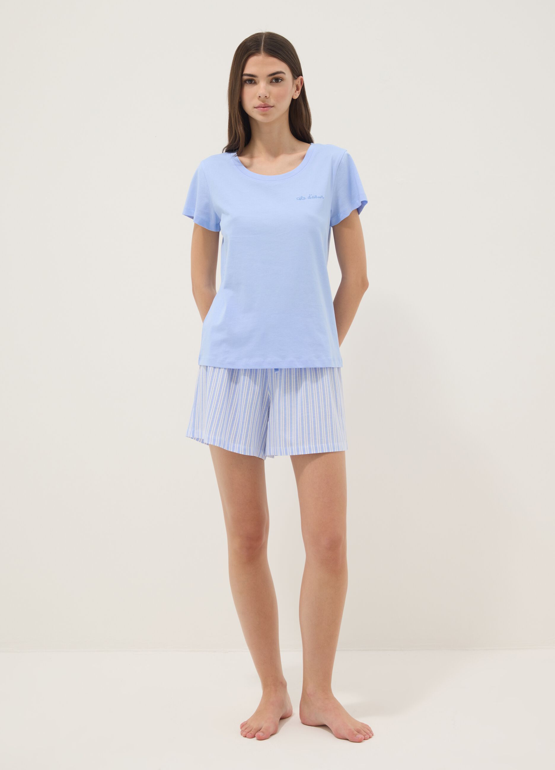 Sky blue regular fit short pyjamas in pure cotton