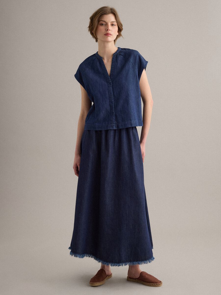 Gonna lunga blu in misto cotone, lino e viscosa_0