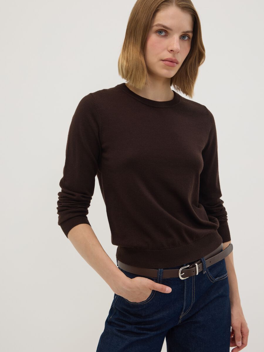 Brown crew-neck wool-blend jumper, regular fit_1