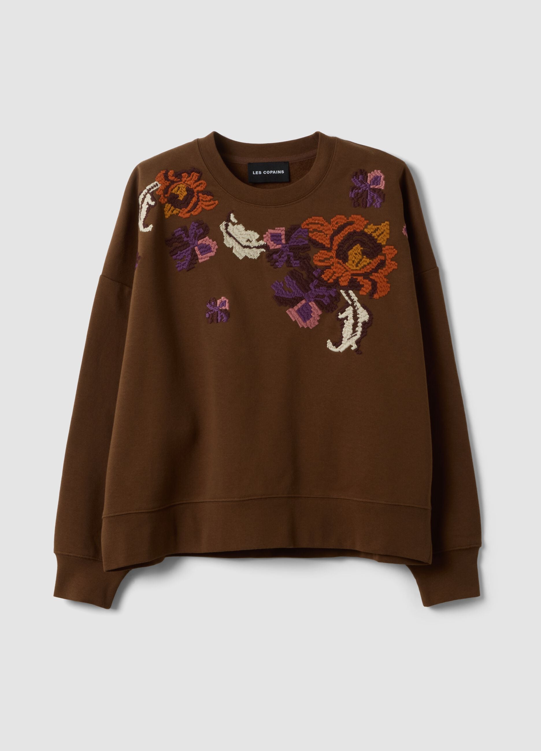 Brown cotton-blend crew-neck sweatshirt with floral pattern