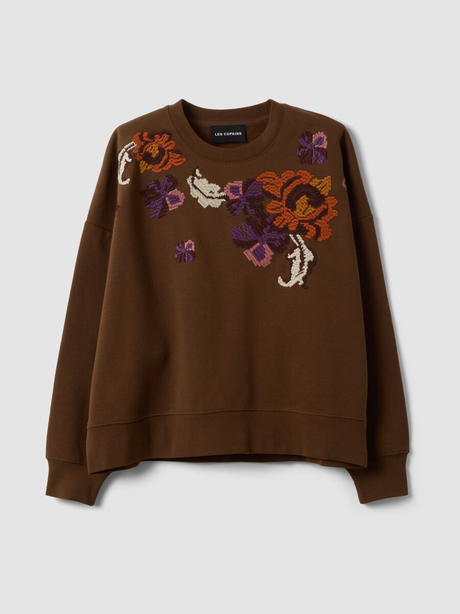 Brown cotton-blend crew-neck sweatshirt with floral pattern_4