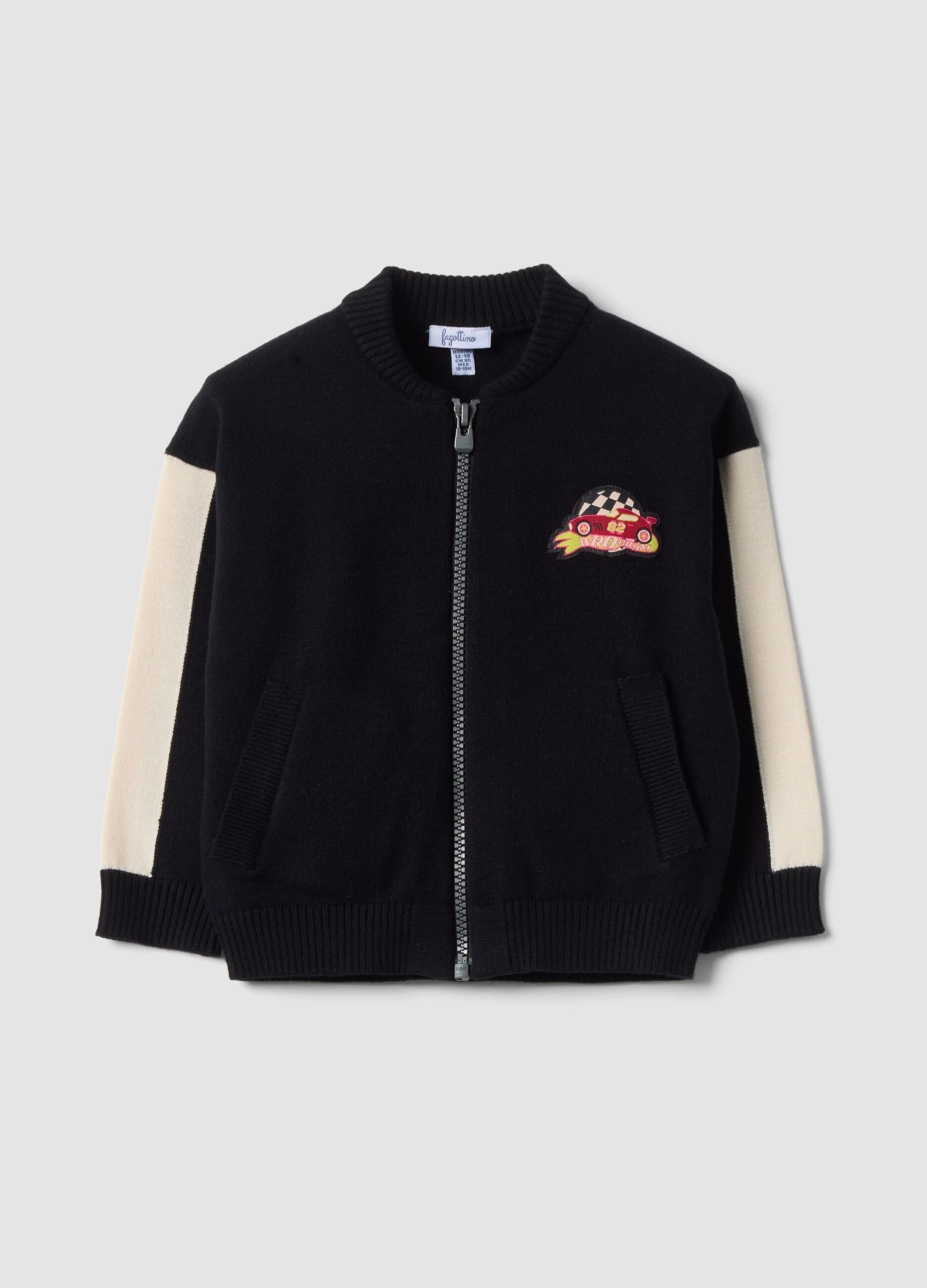 Black viscose-blend cardigan with zip and toy car patch