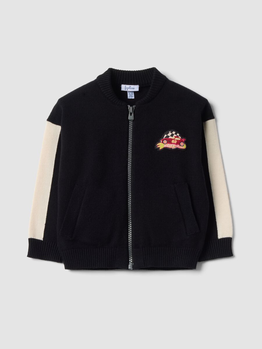 Black viscose-blend cardigan with zip and toy car patch_0