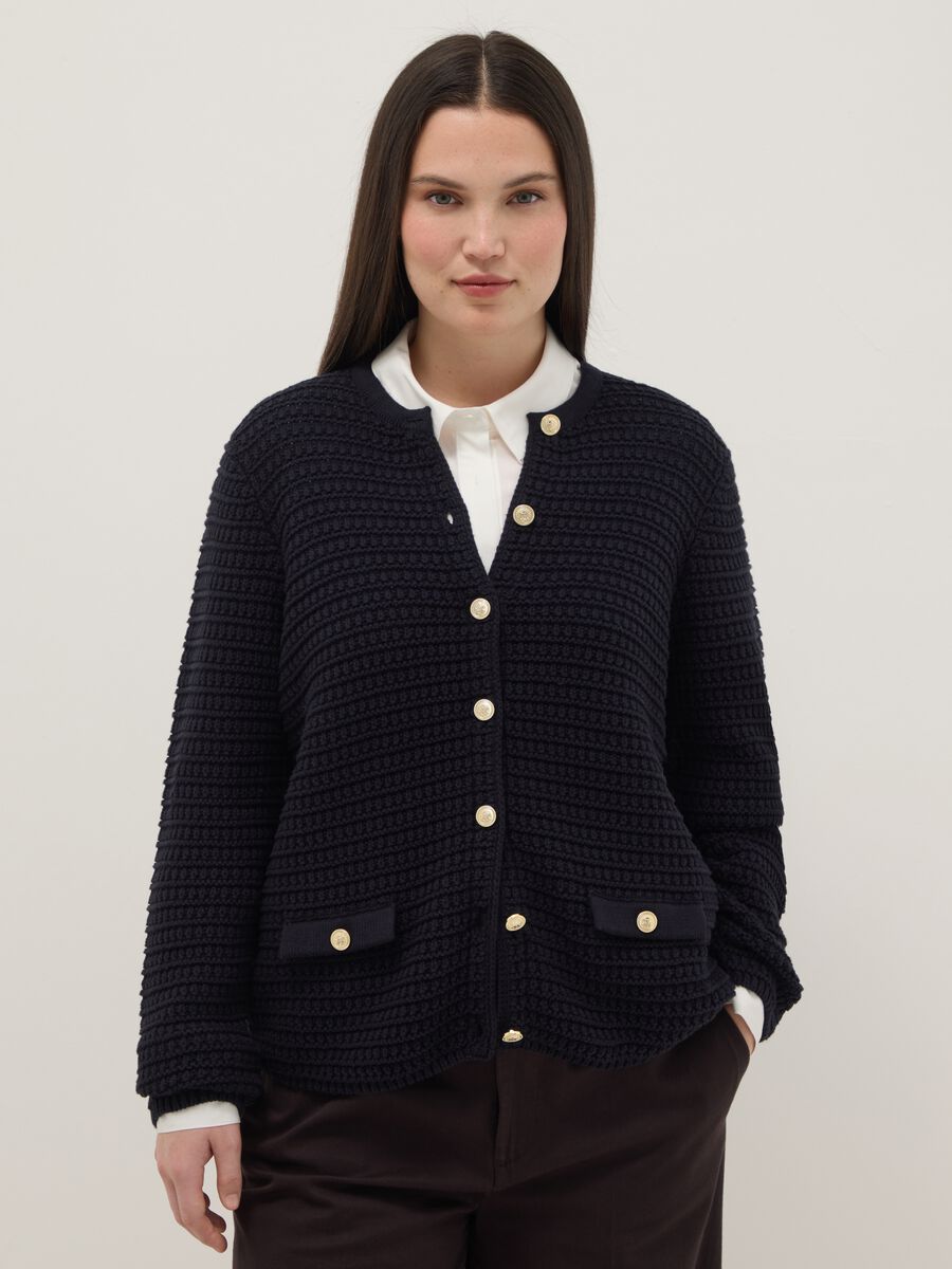 Black pure cotton regular fit cardigan with gold buttons_0