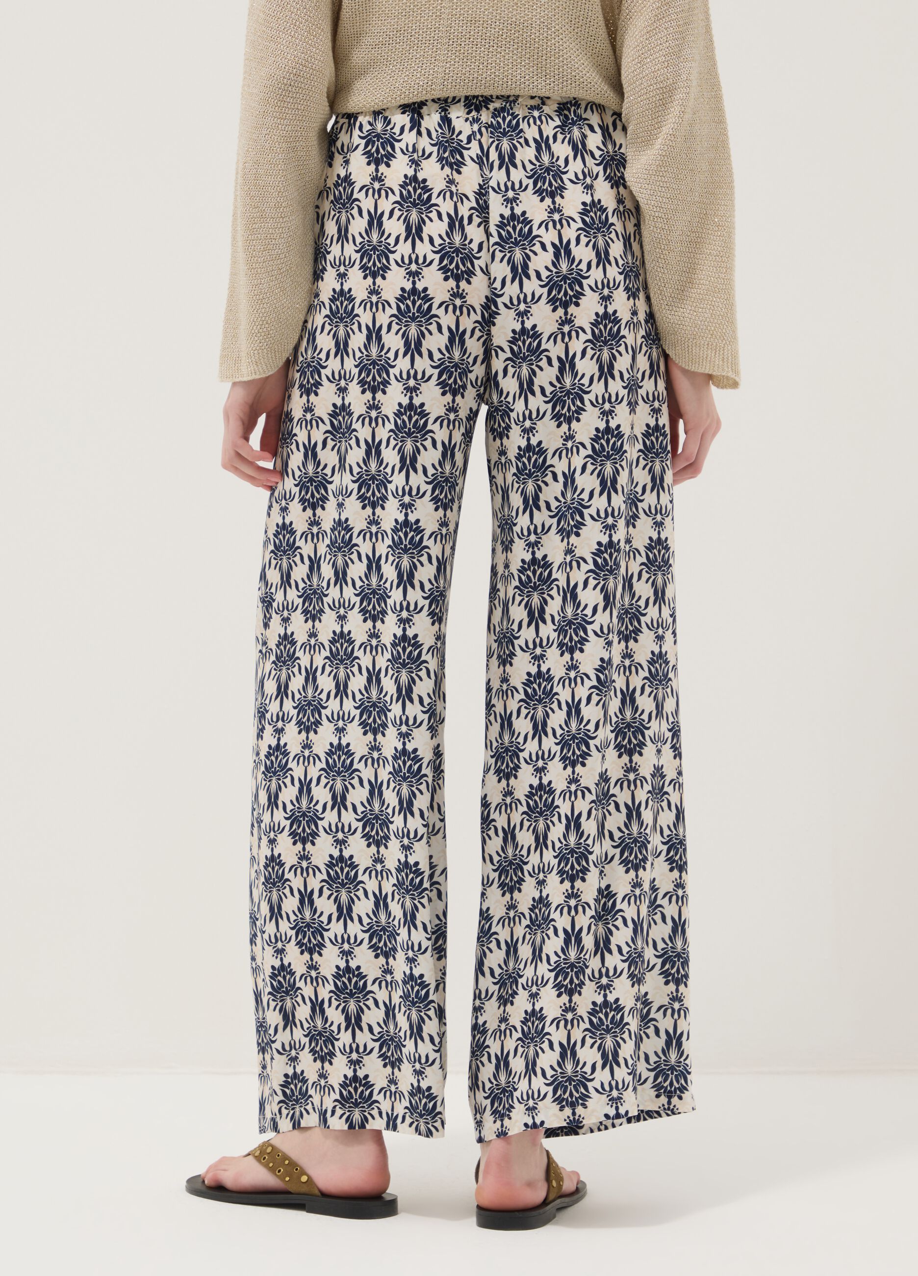 White pure viscose patterned trousers, regular fit