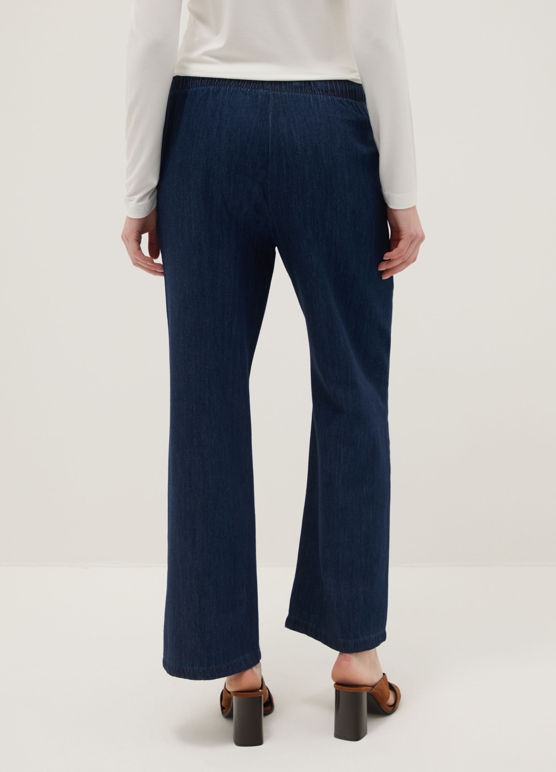 Wide-leg blue denim pure cotton trousers with elastic waist