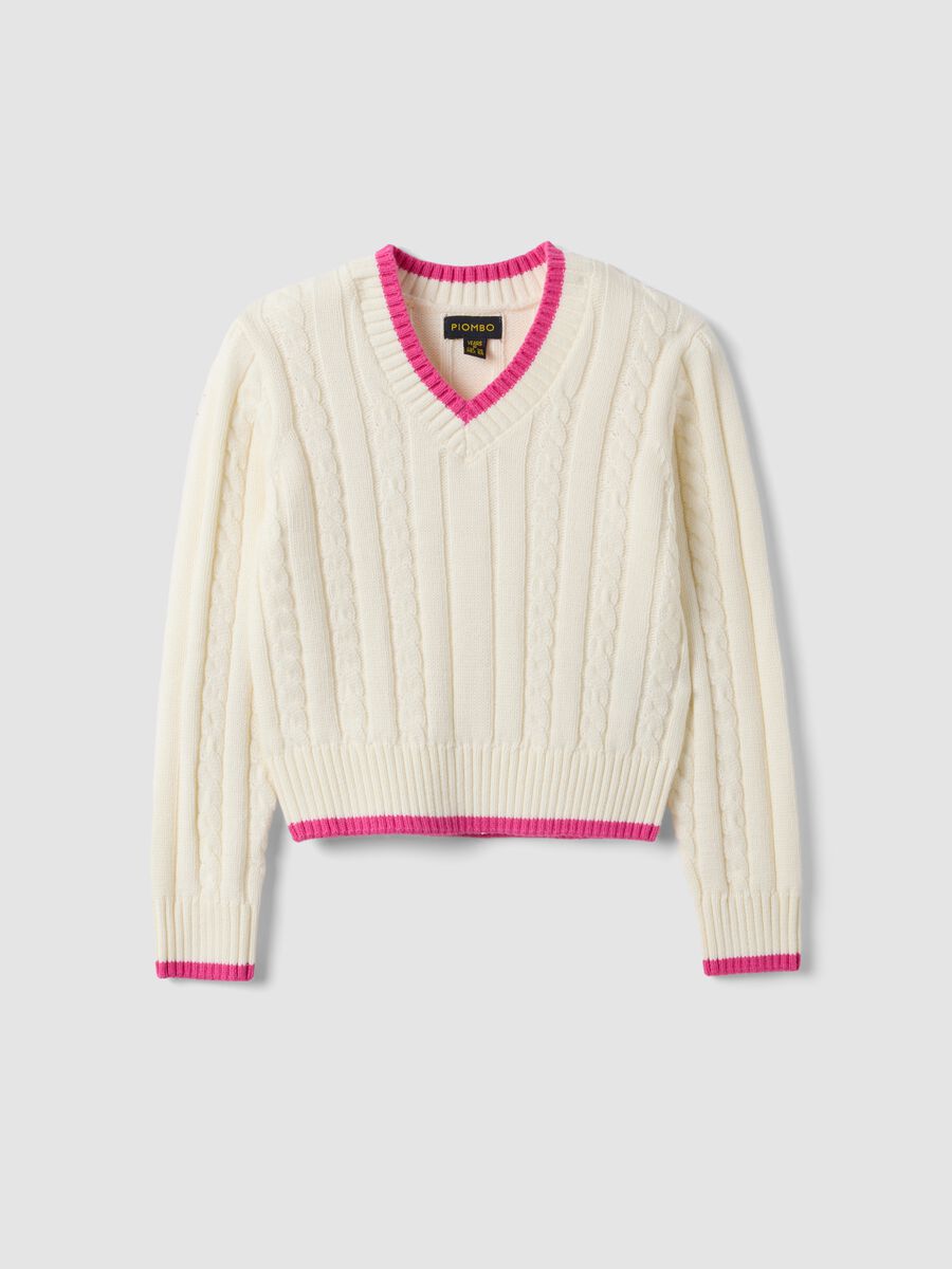 White pure cotton cable-knit V-neck jumper for girls_3