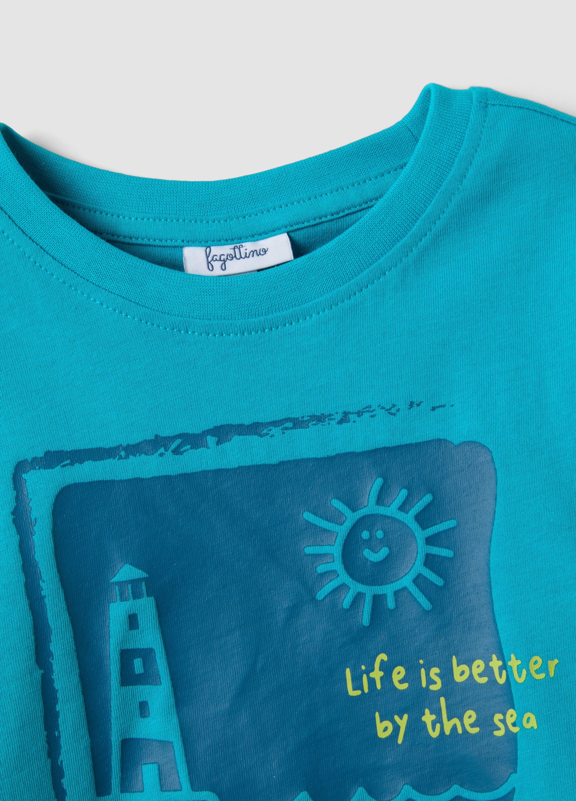 Blue organic cotton T-shirt with front print, regular fit for boys