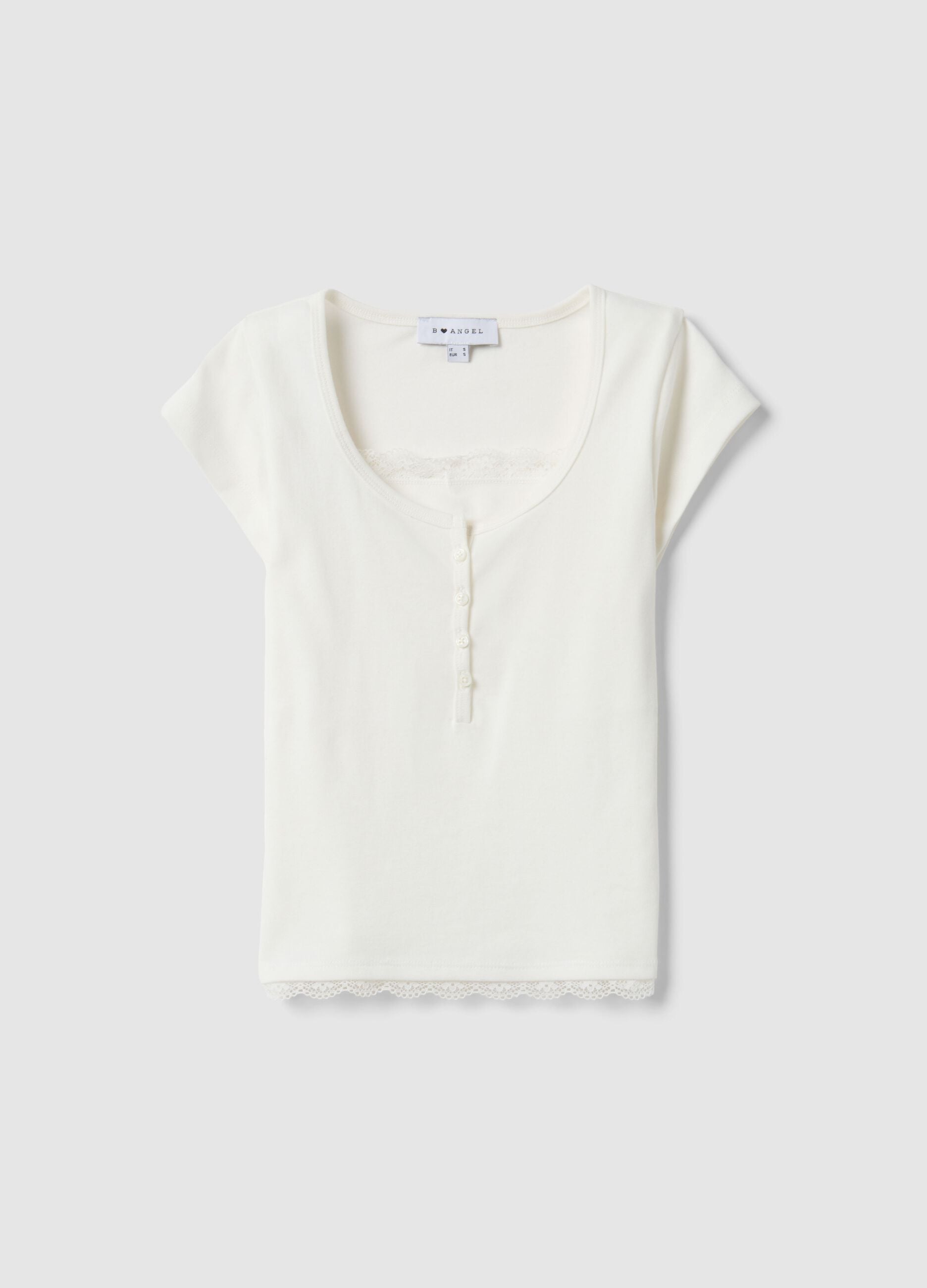 White cotton blend regular fit T-shirt with lace details