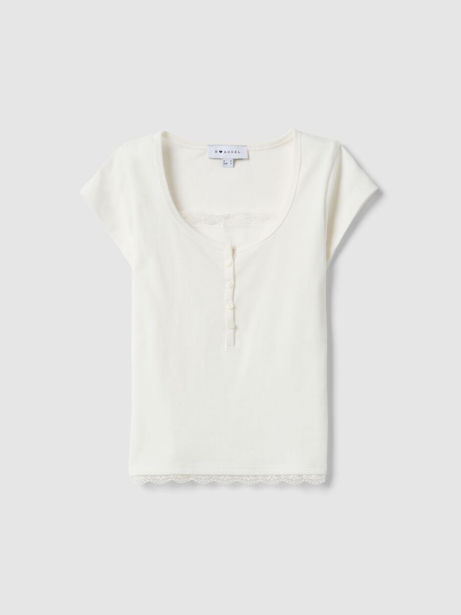 White cotton blend regular fit T-shirt with lace details_4