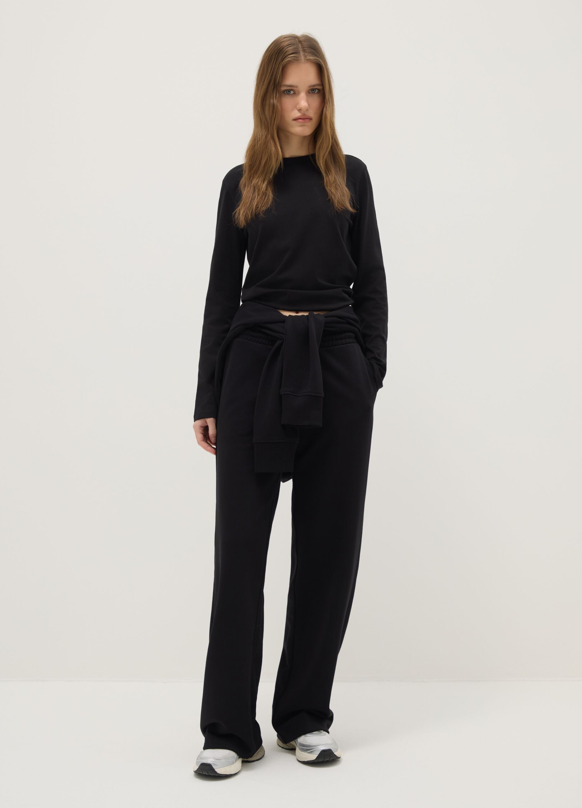 Black cotton blend regular fit trousers