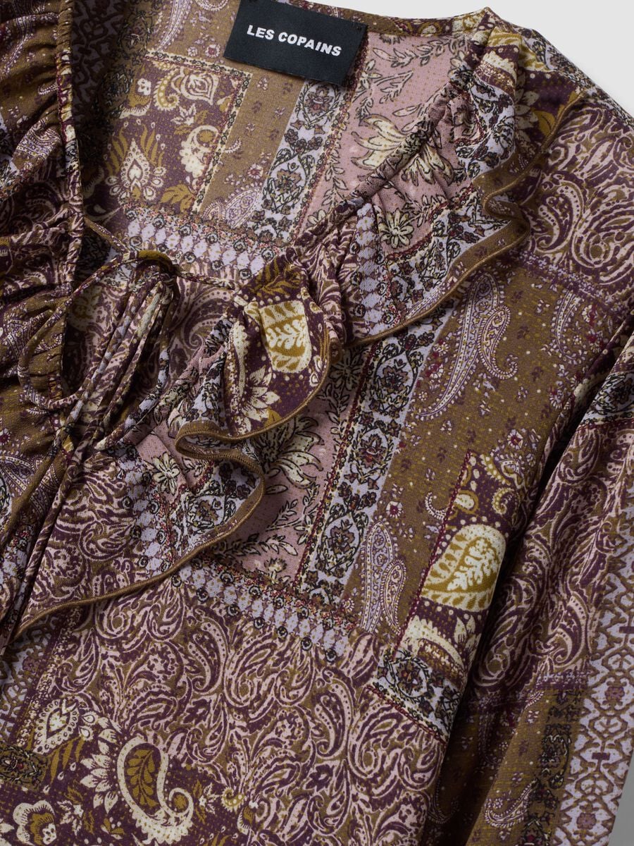 Purple patterned blouse with ruffles and tie neck_5