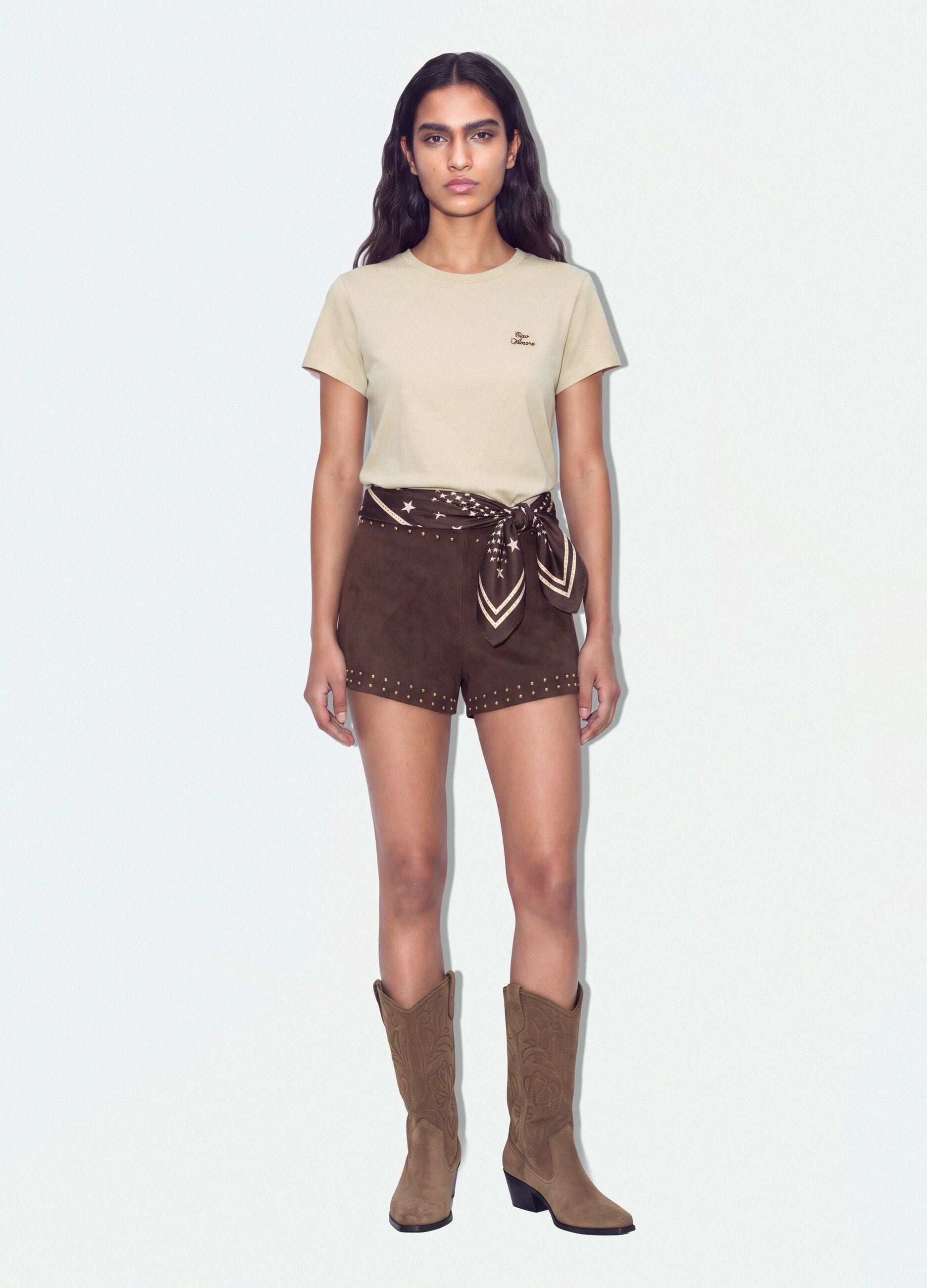 Beige cropped pure cotton crew-neck T-shirt with print
