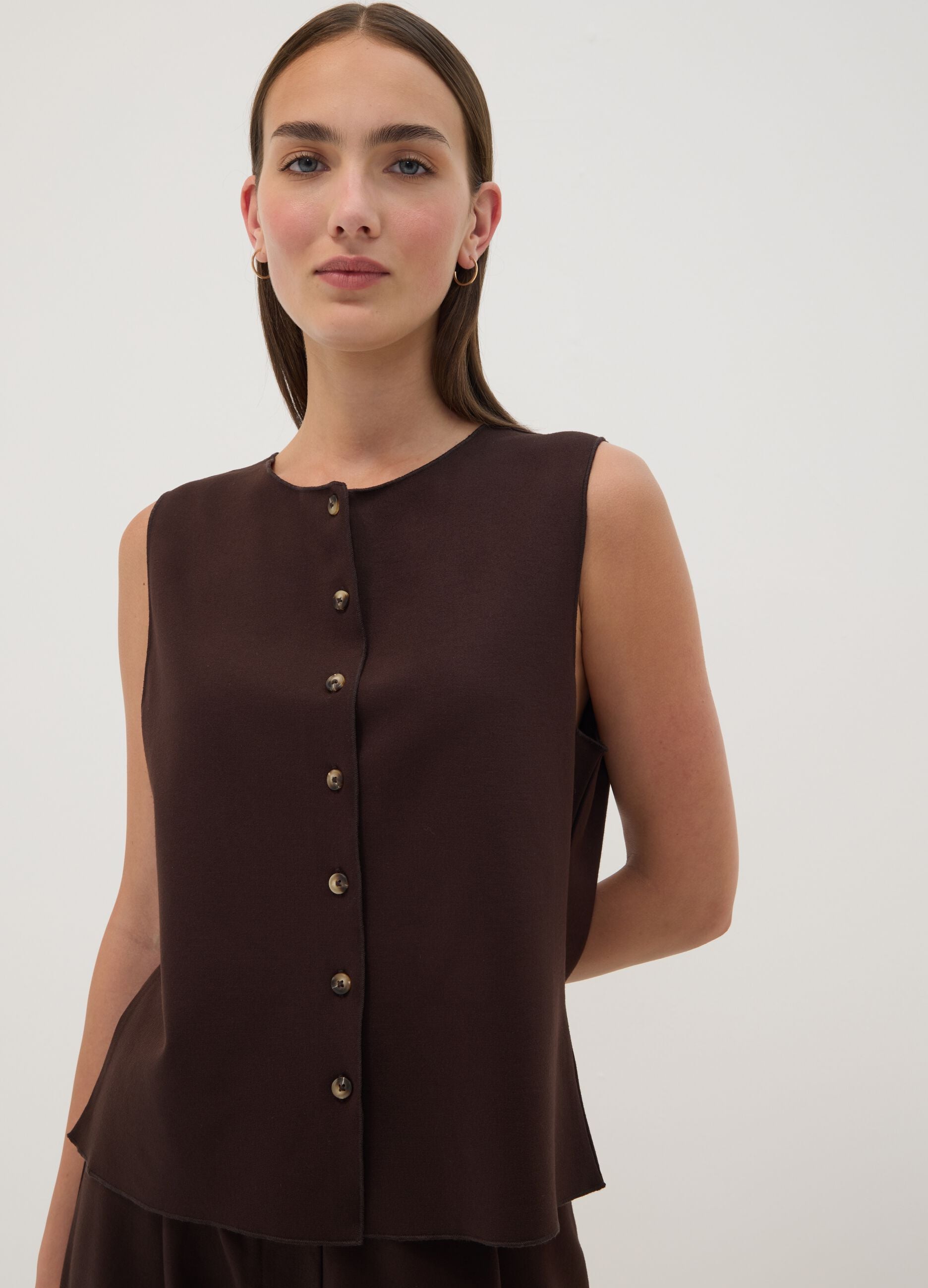 Brown Milano-knit waistcoat in stretch viscose, regular fit
