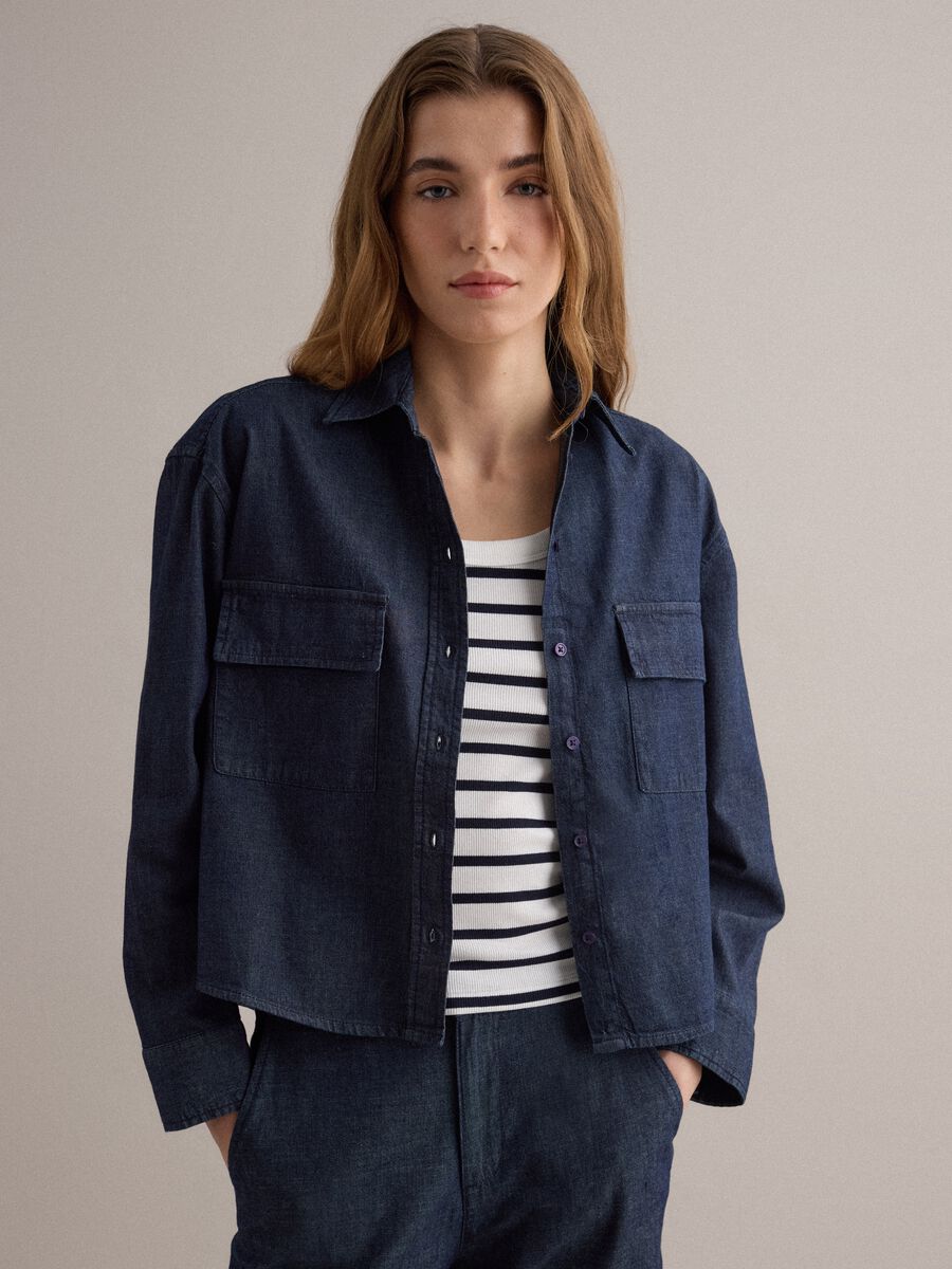 Camicia in puro cotone denim blu regular fit_0