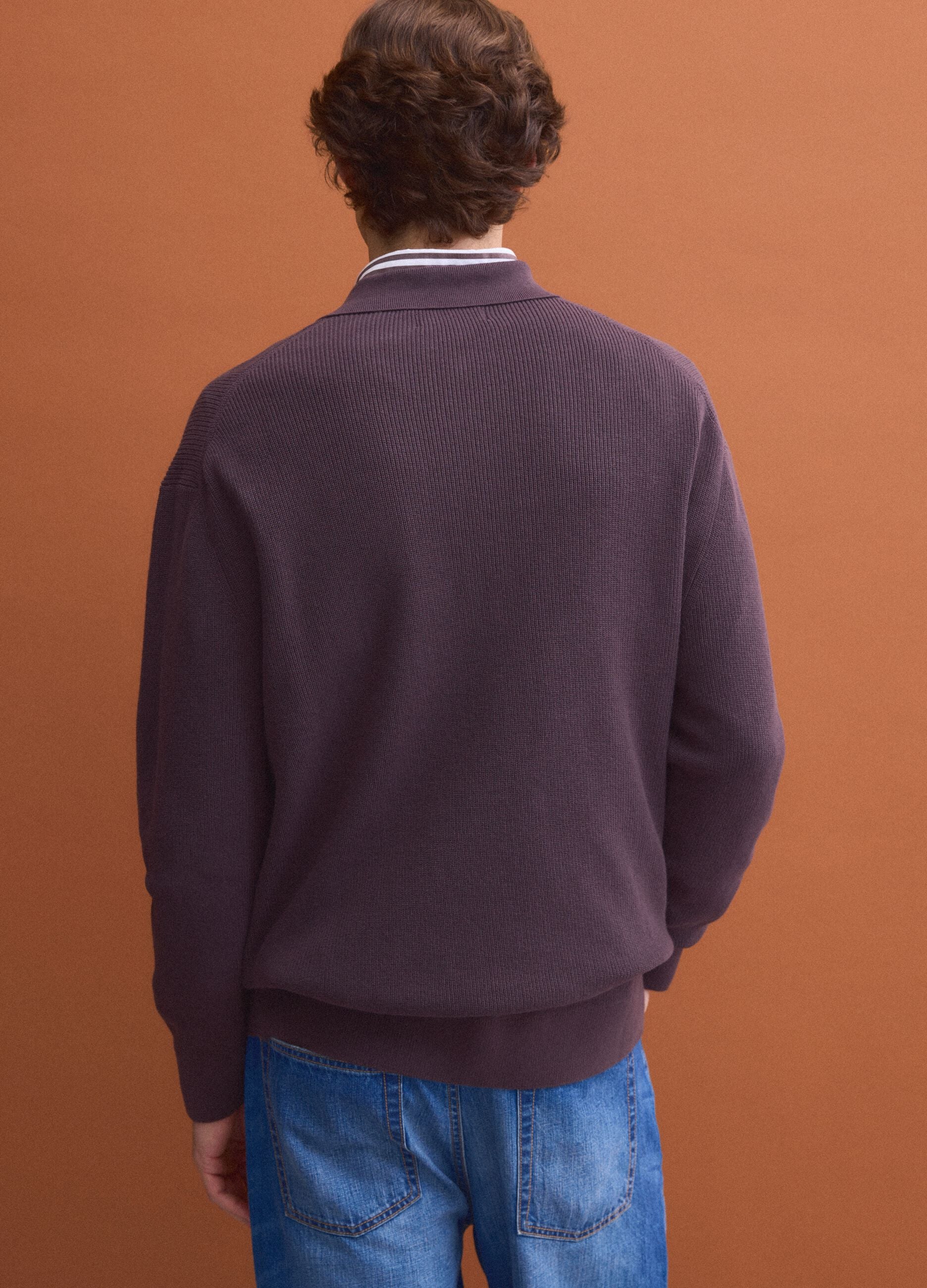 Brown pure cotton polo with zip and classic collar