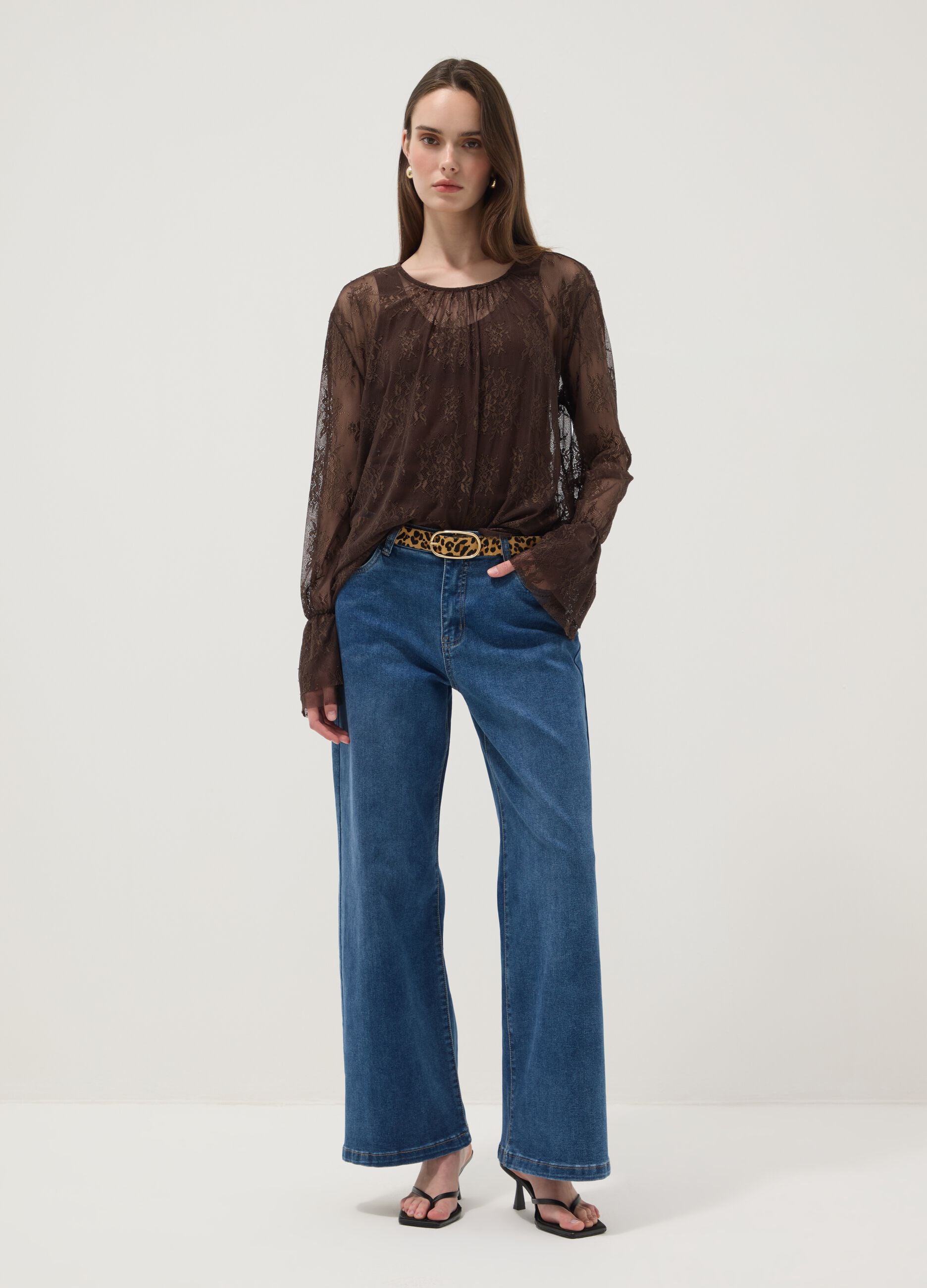 Brown stretch lace blouse with regular fit