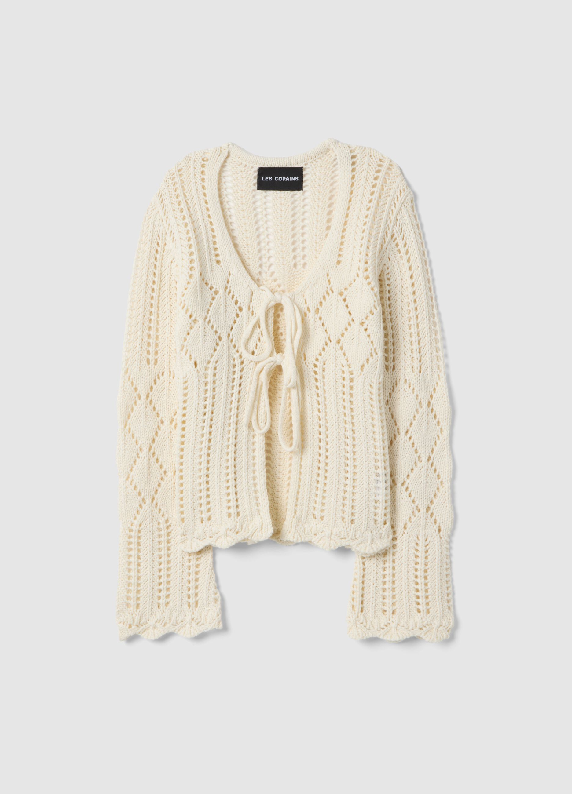 White Cotton Lace Cardigan Regular Fit Deep V