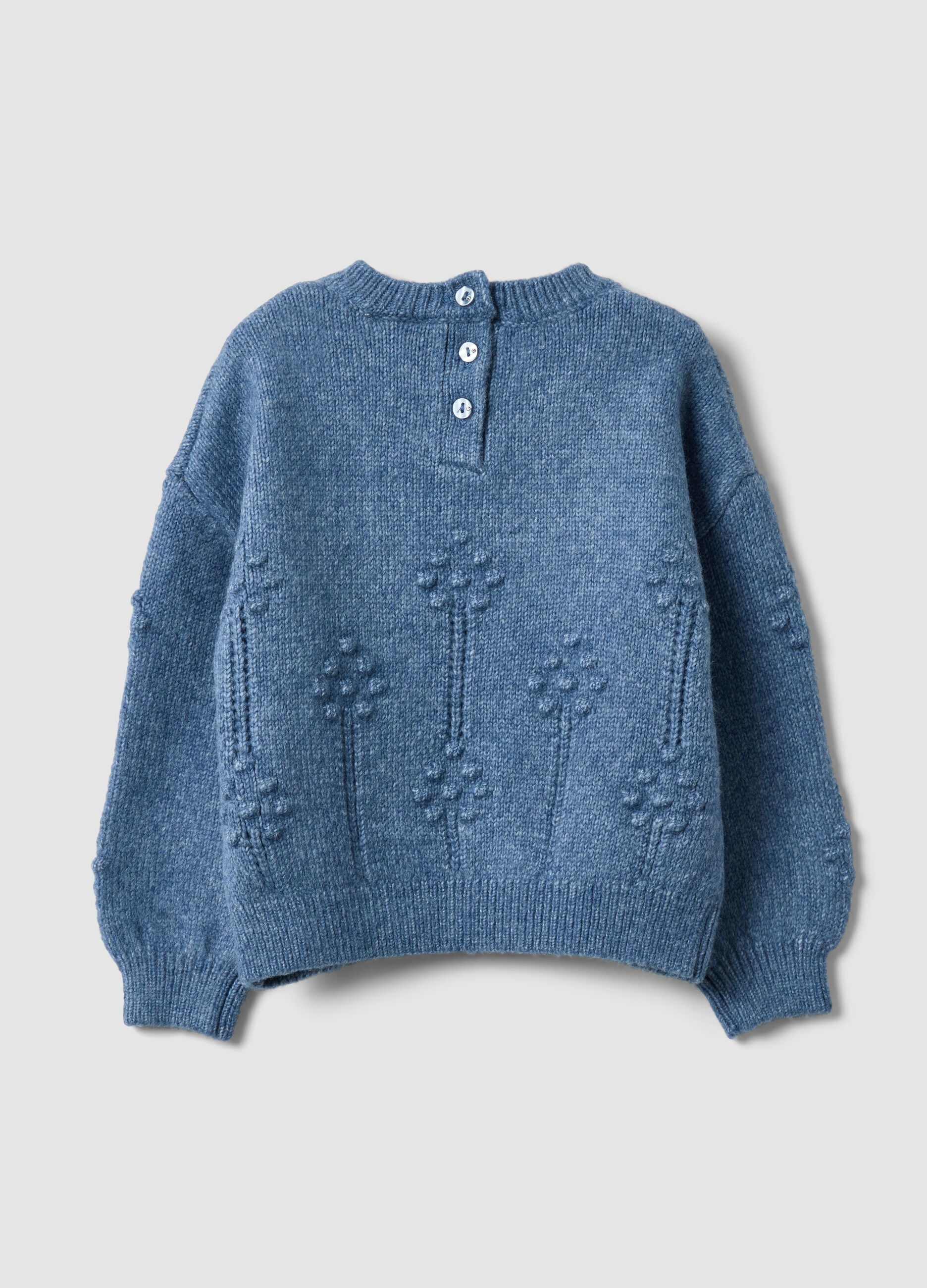 Blue crew-neck knitted jumper with floral pattern