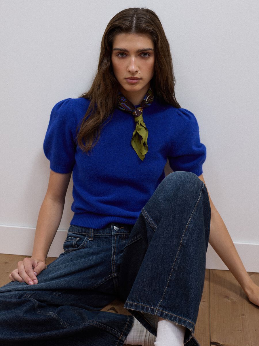 Blue stretch viscose crew-neck top, regular fit_0
